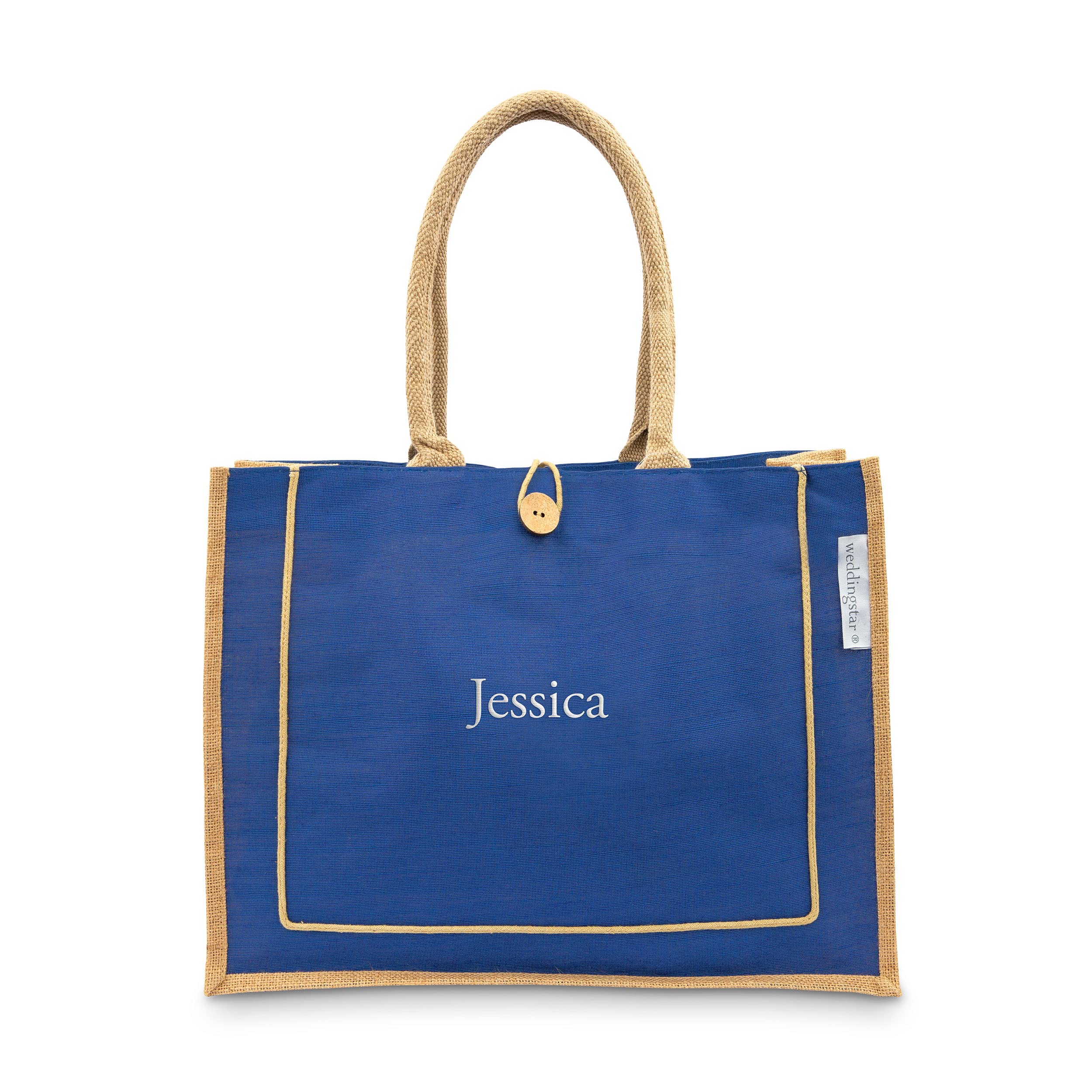 WEDDINGSTAR Large Personalized Reusable Fabric Beach Tote Bag - Blue Burlap
