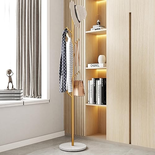 Miniatura 24 de TIEOU Perchero de metal, percheros dorados independientes con estantes y base de mármol, árbol de abrigo con 9 ganchos para bufandas, bolsas,