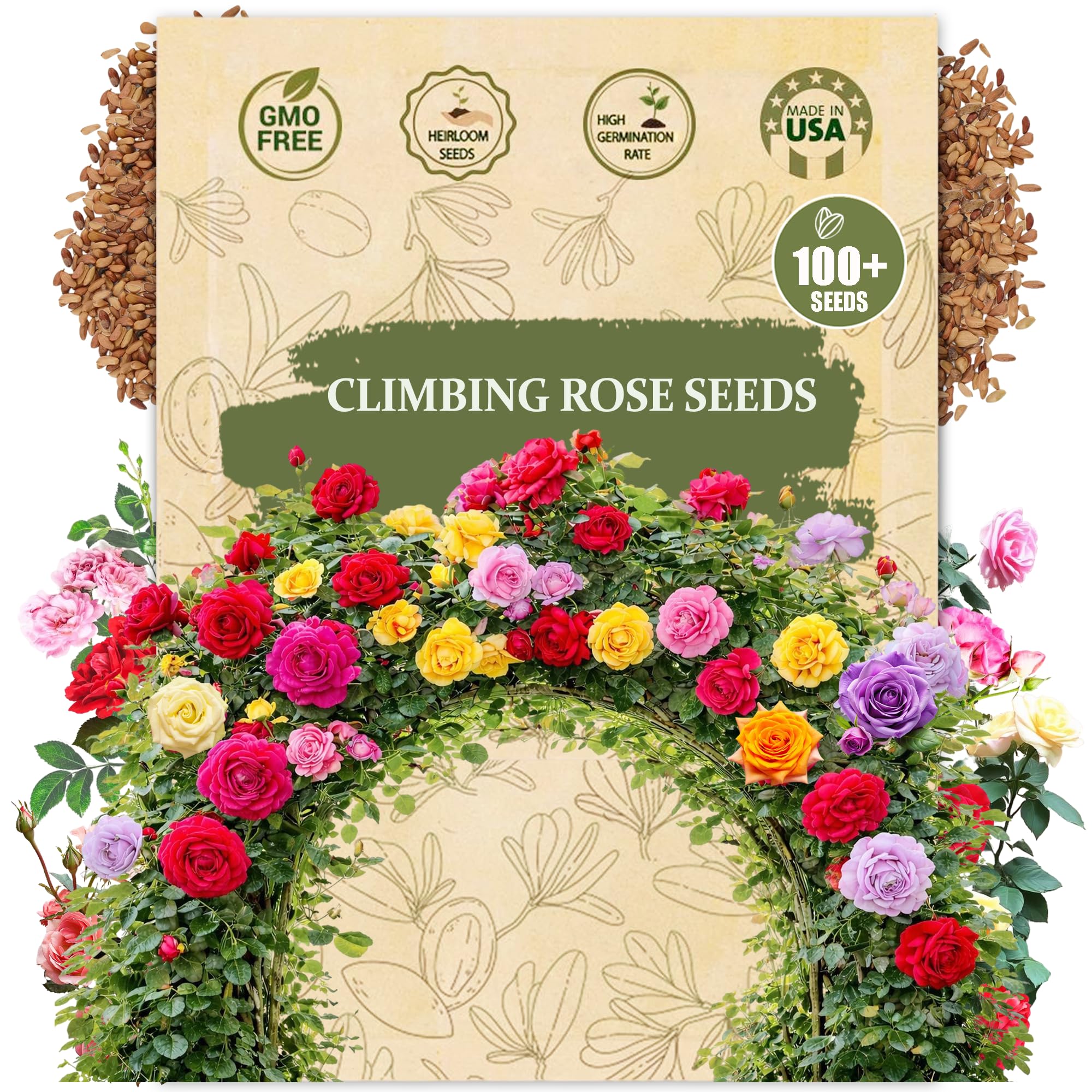 Premium Climbing Rose Seeds for Planting Outdoors, 100+ Heirloom Rose Seeds for Planting, Climbing Rose Flower Seeds for Trellis Fence Arch Pergola, Vertical Garden Vine