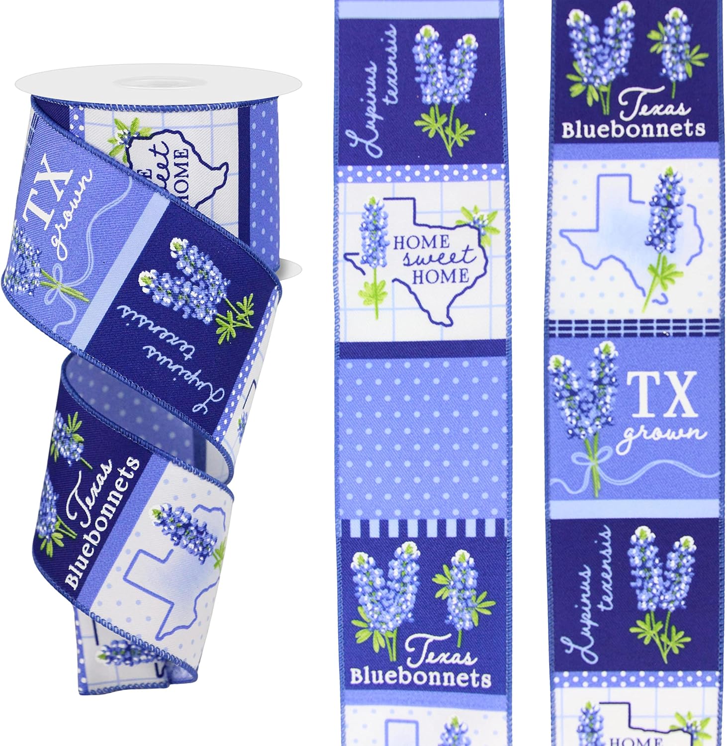 Craig Bachman 2.5" x 10 Yards Bluebonnets Print on Diagonal Weave Wired Ribbon, Texas State Flower Floral Fabric Ribbon for Wreaths, DIY Bows, RGE1768NL