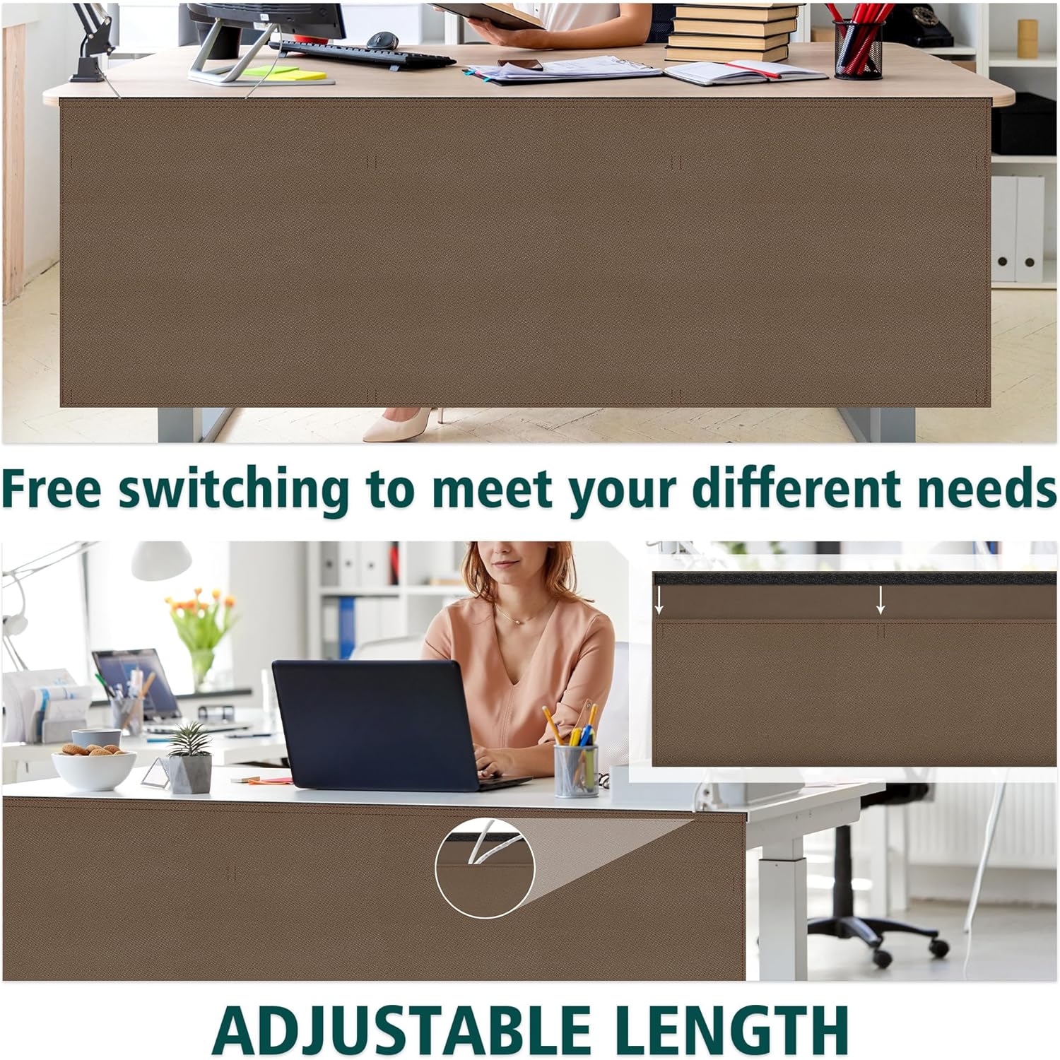 60" Under Desk Privacy Panel Brown Self-Adhesive Modesty Panel for Cord Organizer Pockets and Desk Skirt for Home Office or Standing Workstation (60" Brown)