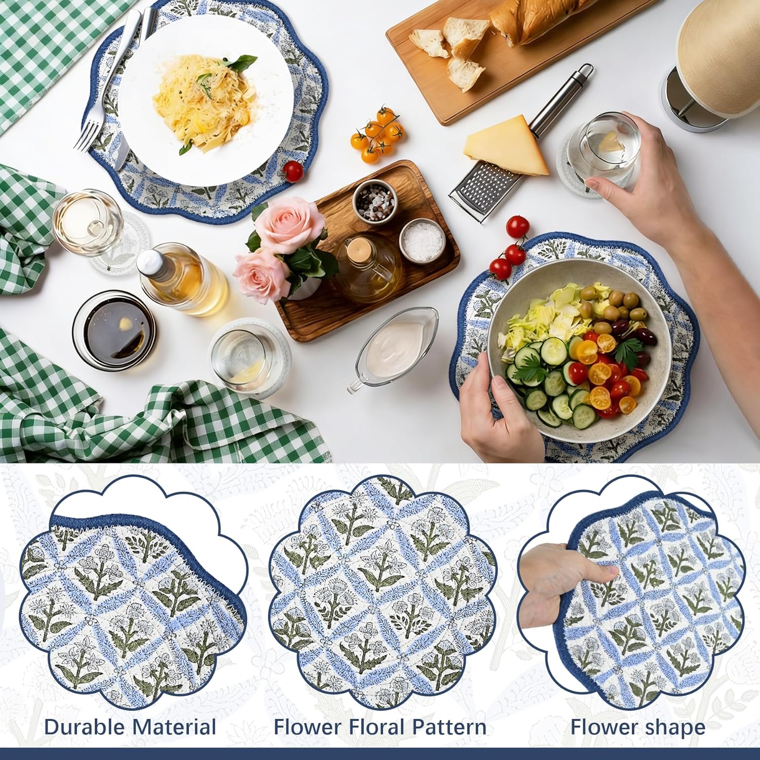 Set of 4 Boho Round Braided Placemats with Coaster, 12" Easter Floral Blue Cotton Rope Woven Placemat with Scalloped Edge Heat Resistant Washable Table Mat for Spring Party Dining Table Decor