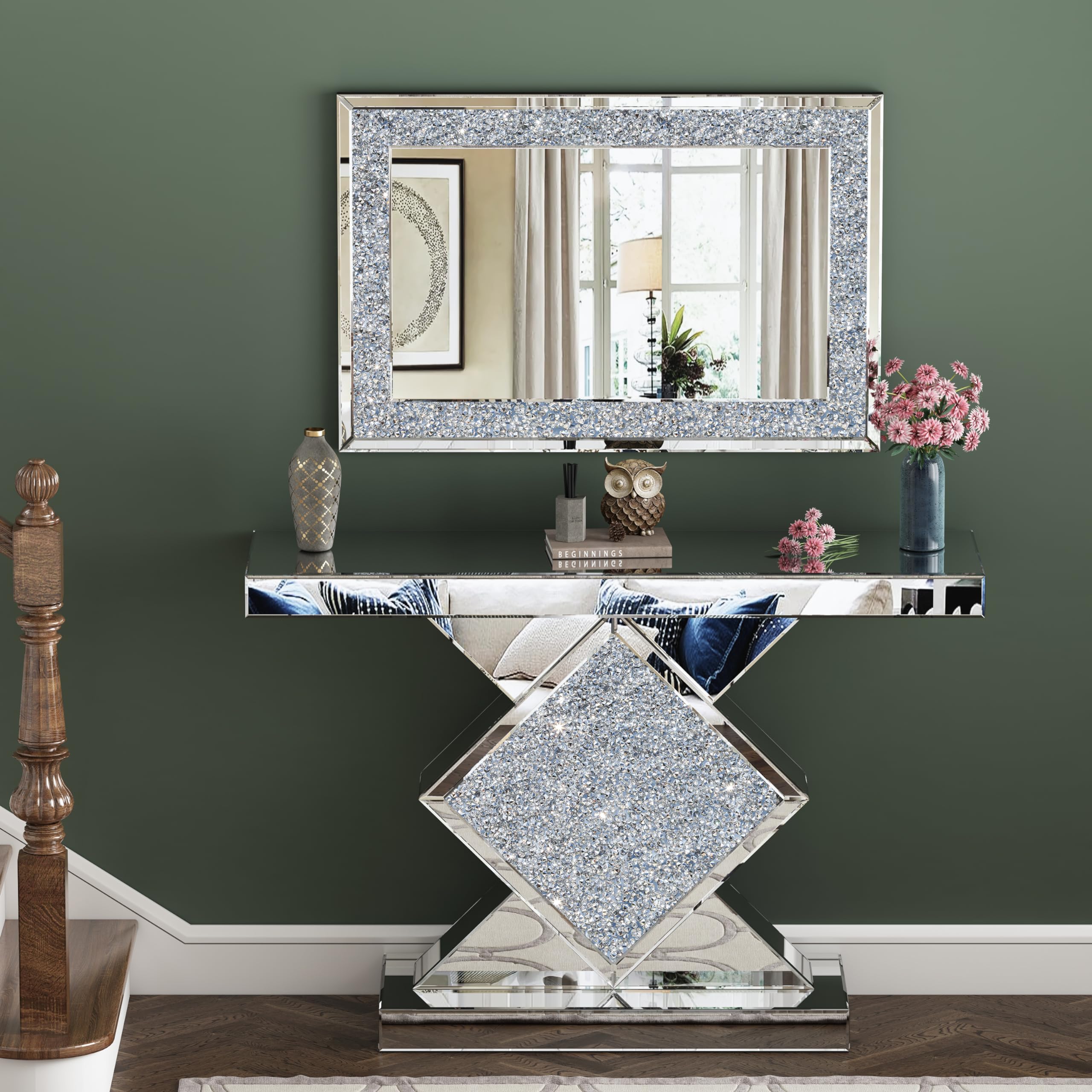 SHYFOY Specchio da Parete Rettangolare | Specchio Decorativo da Parete con Decoro Diamante in Cristallo | Specchio Grande e Lussuoso per Bagno Soggiorno Camera da letto Ingresso | 90 x 60 cm |