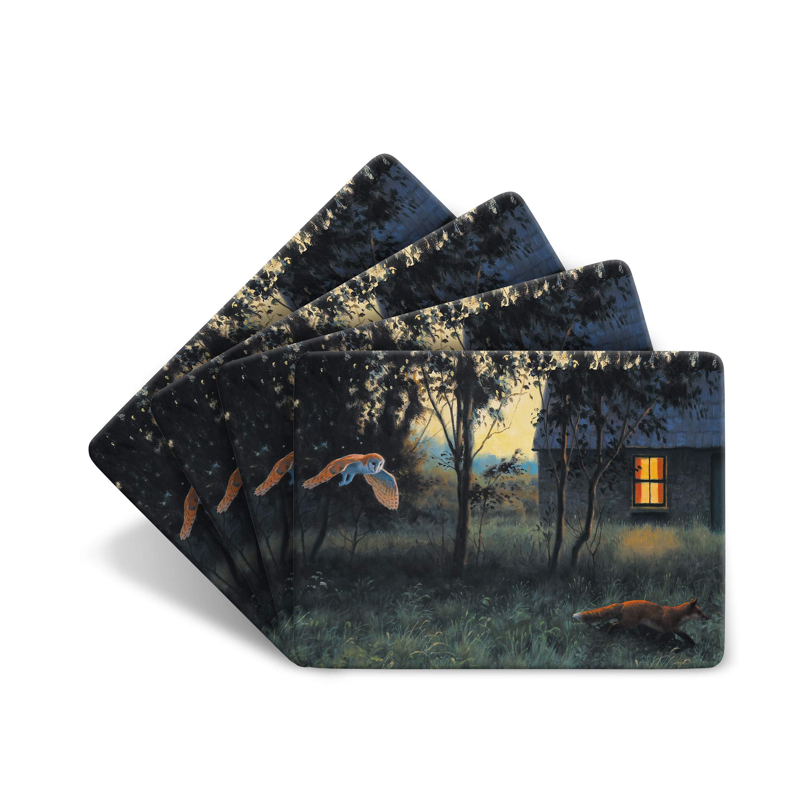 Owl and Fox Large Table Mats by Wildlife Artist Set of 4 - Non-slip - Cork-backed Placemat Set