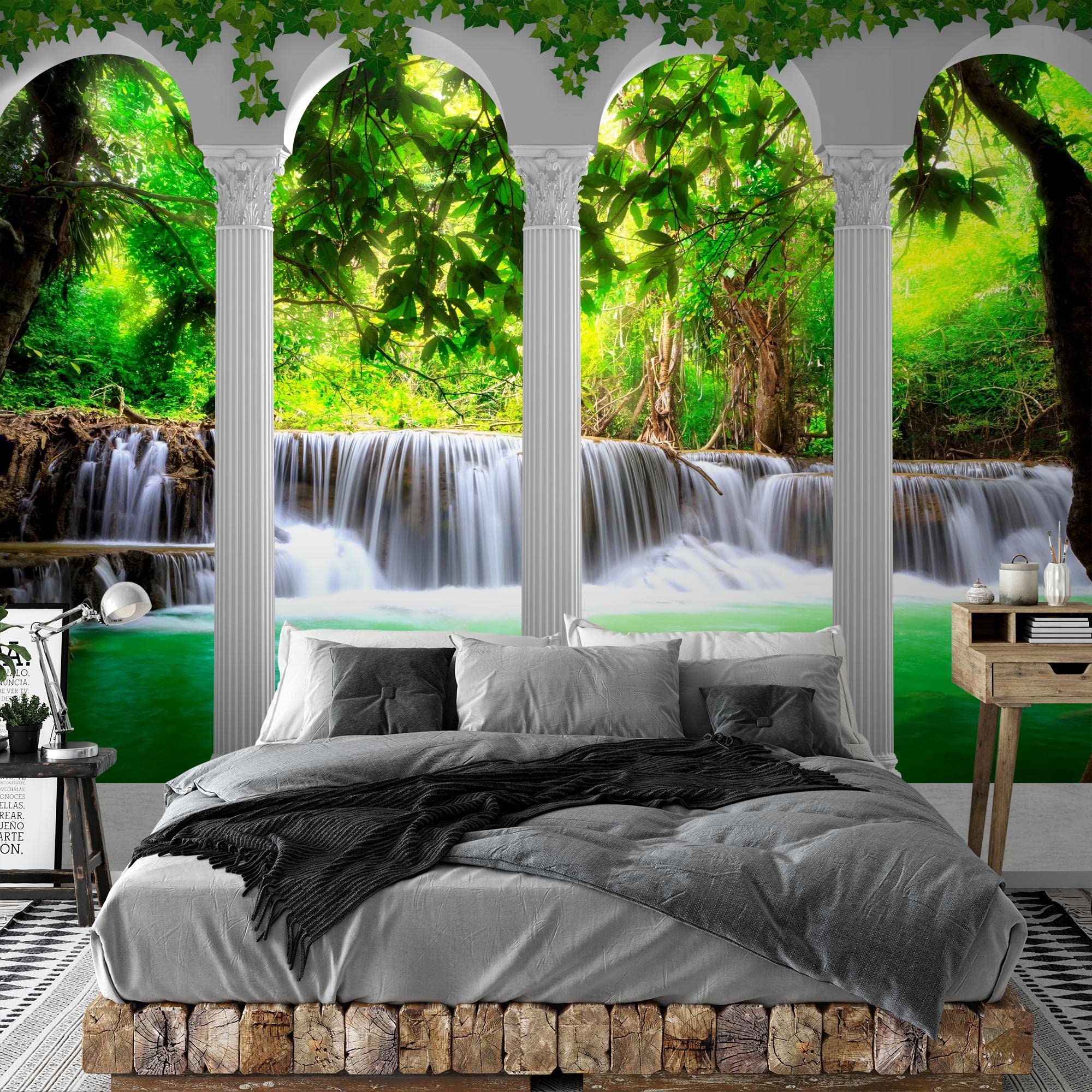 Runa Art Papel tapiz fotográfico columnas paisaje de cascada 352 x 250 cm Lana Fondo De Pantalla XXL Moderna Decoración De Pared Sala Cuarto Oficina Salón verde 9030011b