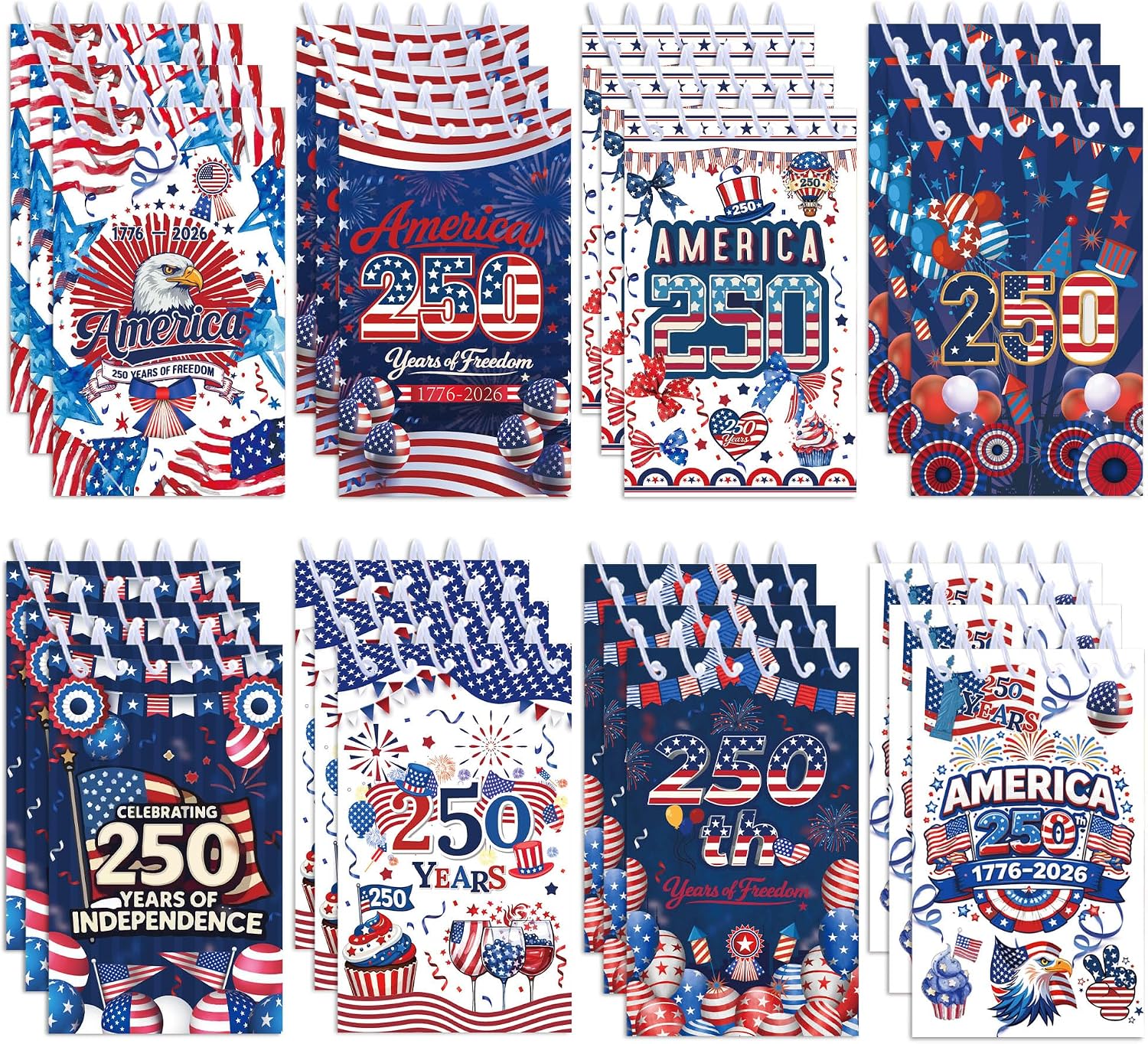 American Flag Spiral Notebooks 24 Pcs, 2.36 x 3.94 Inch Small Notebooks 16 Sheets 32 Pages, USA 250 Years Coil Memo Pads Bulk for Daily Planning, Patriotic Party Favors, Office School Supplies