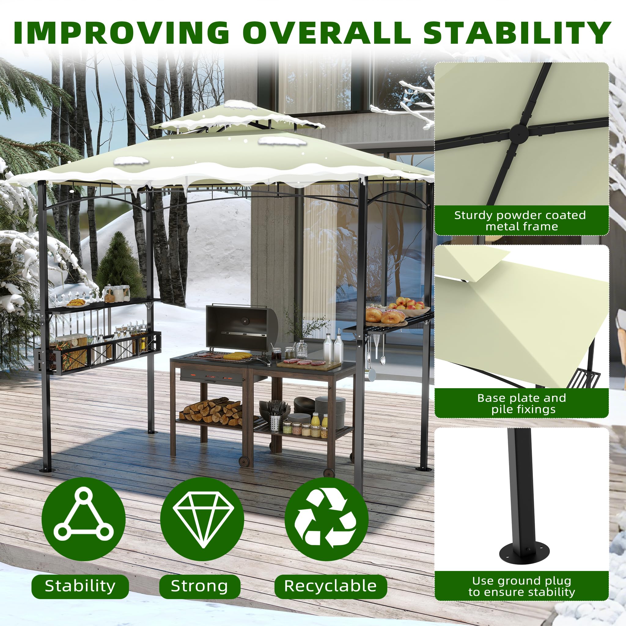 HENGMEI Grill Pavillon 2.45 x 1.53m, Grillpavillon Partyzelt Doppelstöckige Schutzabdeckung, Grillzelt Gartenpavillon Pergola mit Regalen und Ablagekörben für Party, Marktstand, Picknick (Beige)