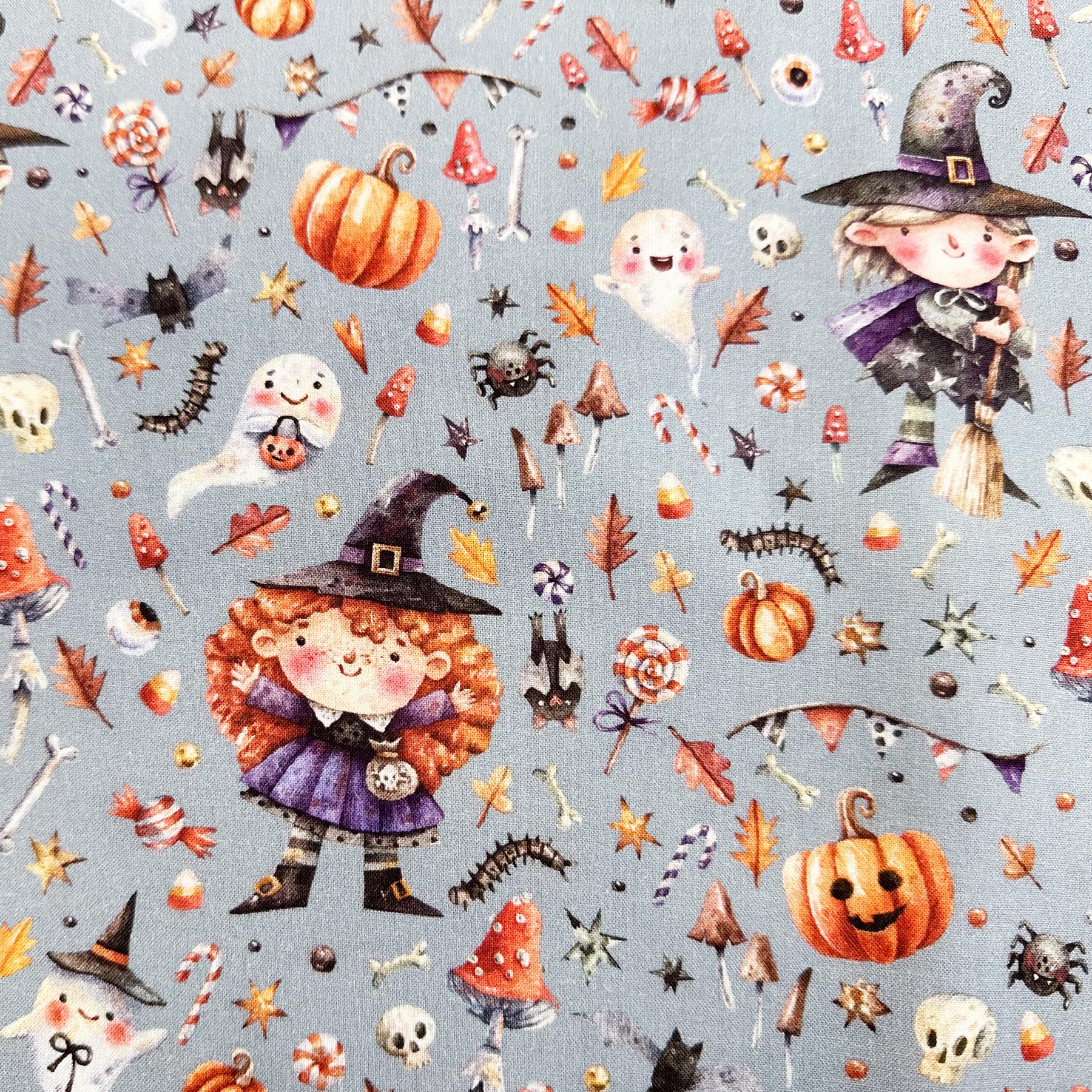 Cotton Fabric - Little Johnny - Cute Lil Witch - Ghosts - Pumpkins Halloween Digital Print Craft Fabric Material