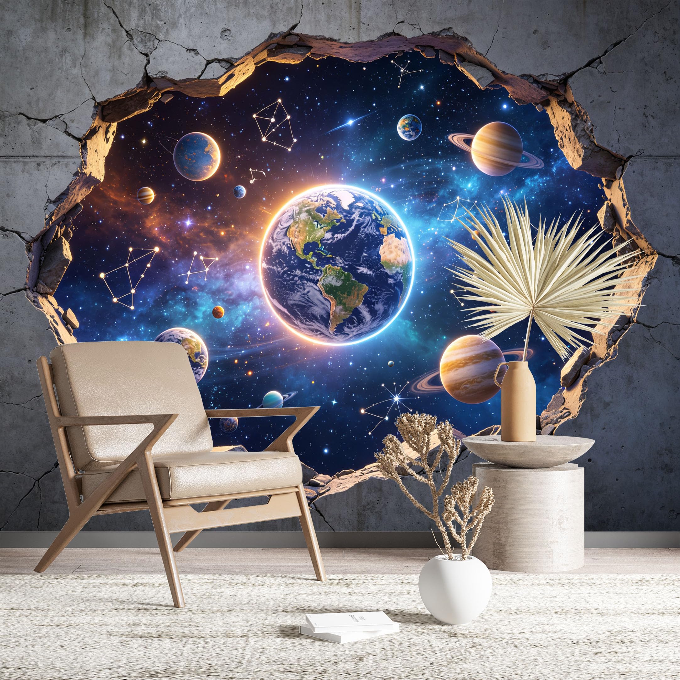 Custom Size Wall Murals Earth and Planets Seen Through Cracked Wall HD Self-Adhesive Wall Fabric (NO PVC) Removable Wallpaper for Living Room Bedroom