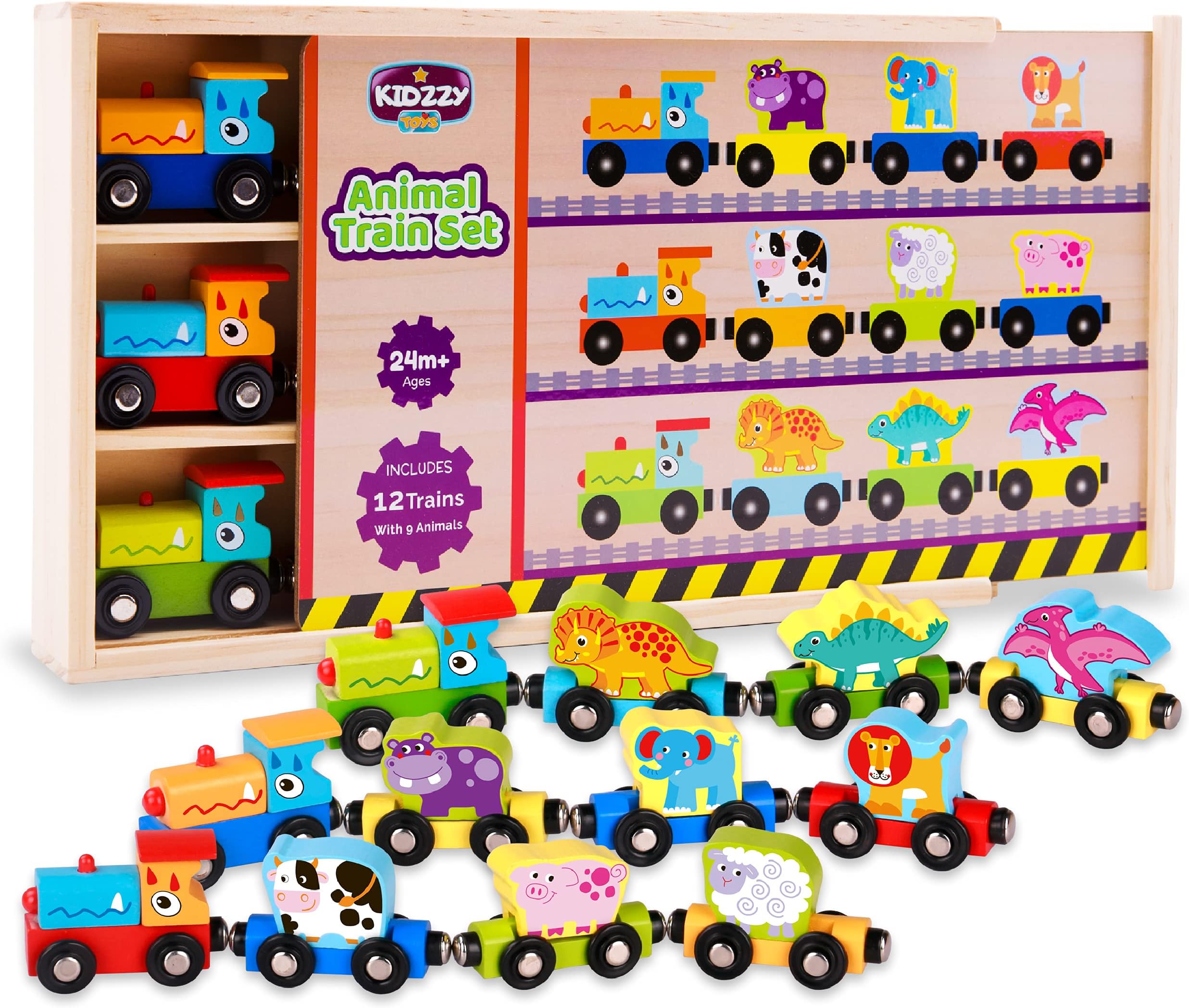 Wooden Trains Set (21 PCS) with 3 Dinosaurs 3 Farm 3 Zoo Animals with Box and Cover - Train Toys Magnetic Set Toy Train Sets for Kids Toddler Gift Toy for 2 Year Old Boys and Girls and up