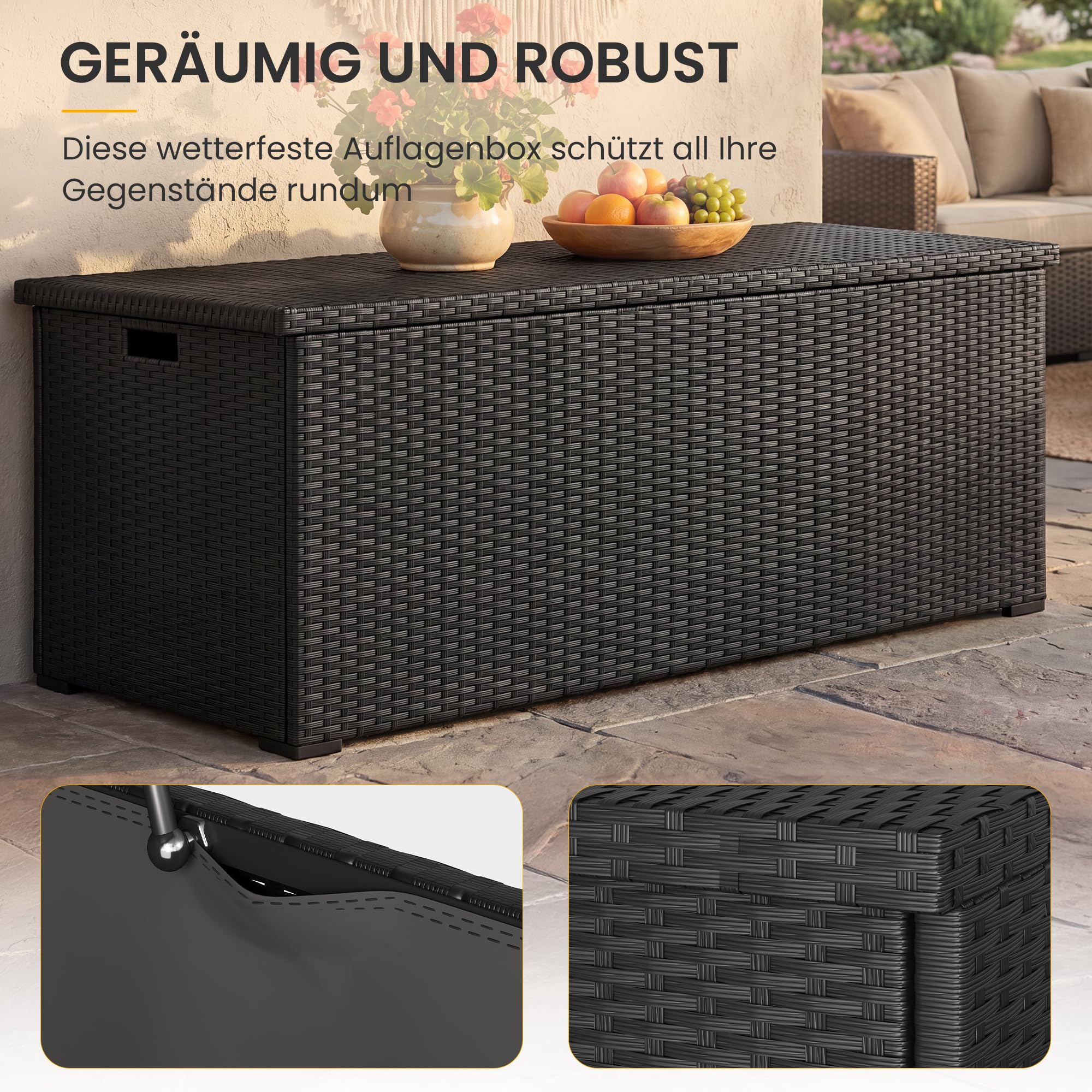 UDPATIO Gartenbox Wasserdicht 870L, Aufbewahrungsbox Garten XXXL, Auflagenbox Wetterfest, Kissenbox Outdoor mit Deckel, Gasdruckfedern | Schwarz