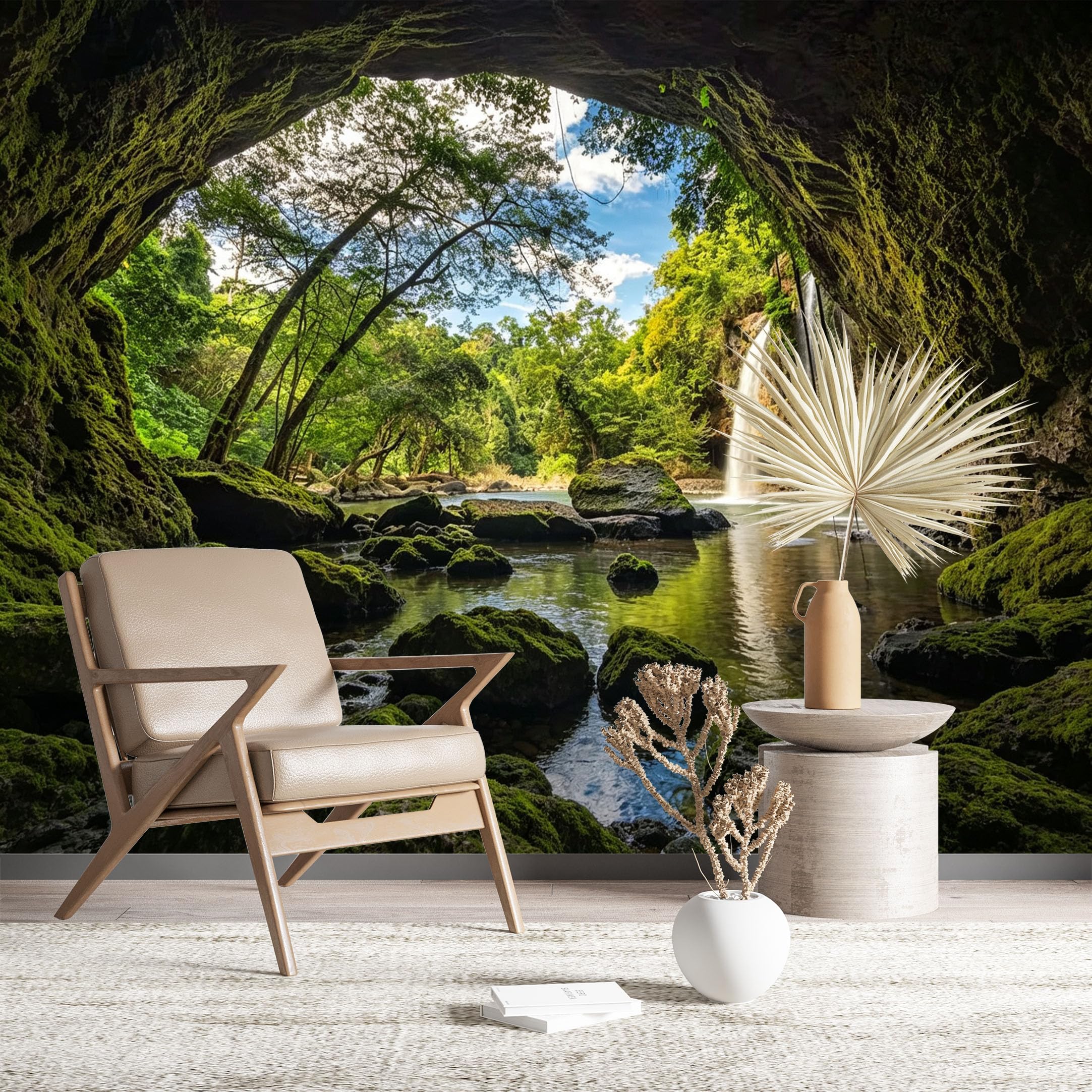 Custom Size Wall Murals Waterfall View Through Mossy Cave Self-Adhesive Wall Fabric (NO PVC) Removable Wallpaper for Living Room Bedroom