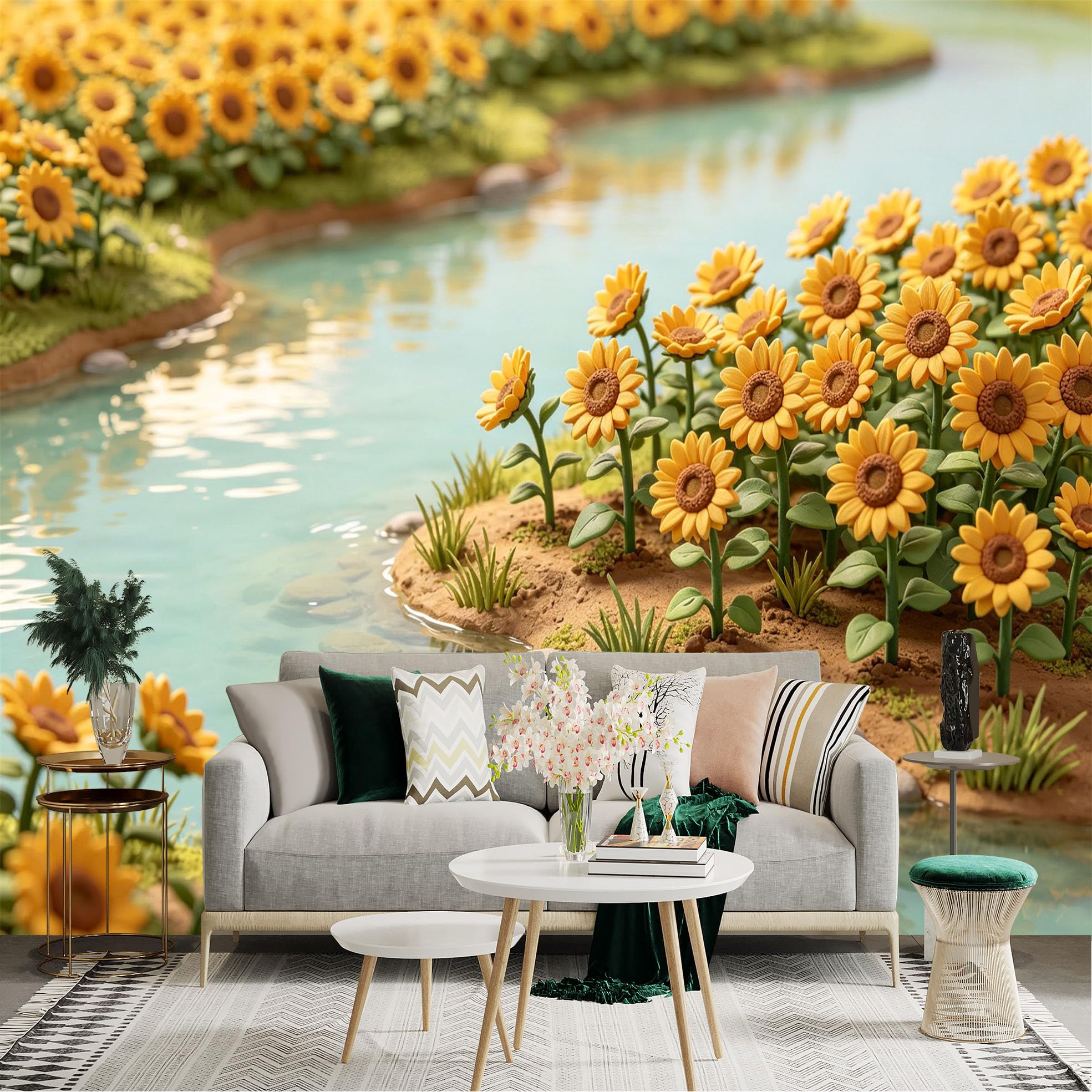 Lnzczhyre Dbh260521430 Custom Size Wall Sticker Mural， Vibrant Sunflower Field By A Serene River， Sunny Meadow Landscape， Nature Botanical Art， For Wall Decoration， Peelandstick Wall Decals.