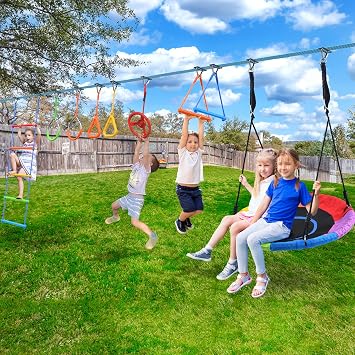 Hapfan 50ft Ninja Warrior Obstacle Course and Foldable Toddler Swing Set