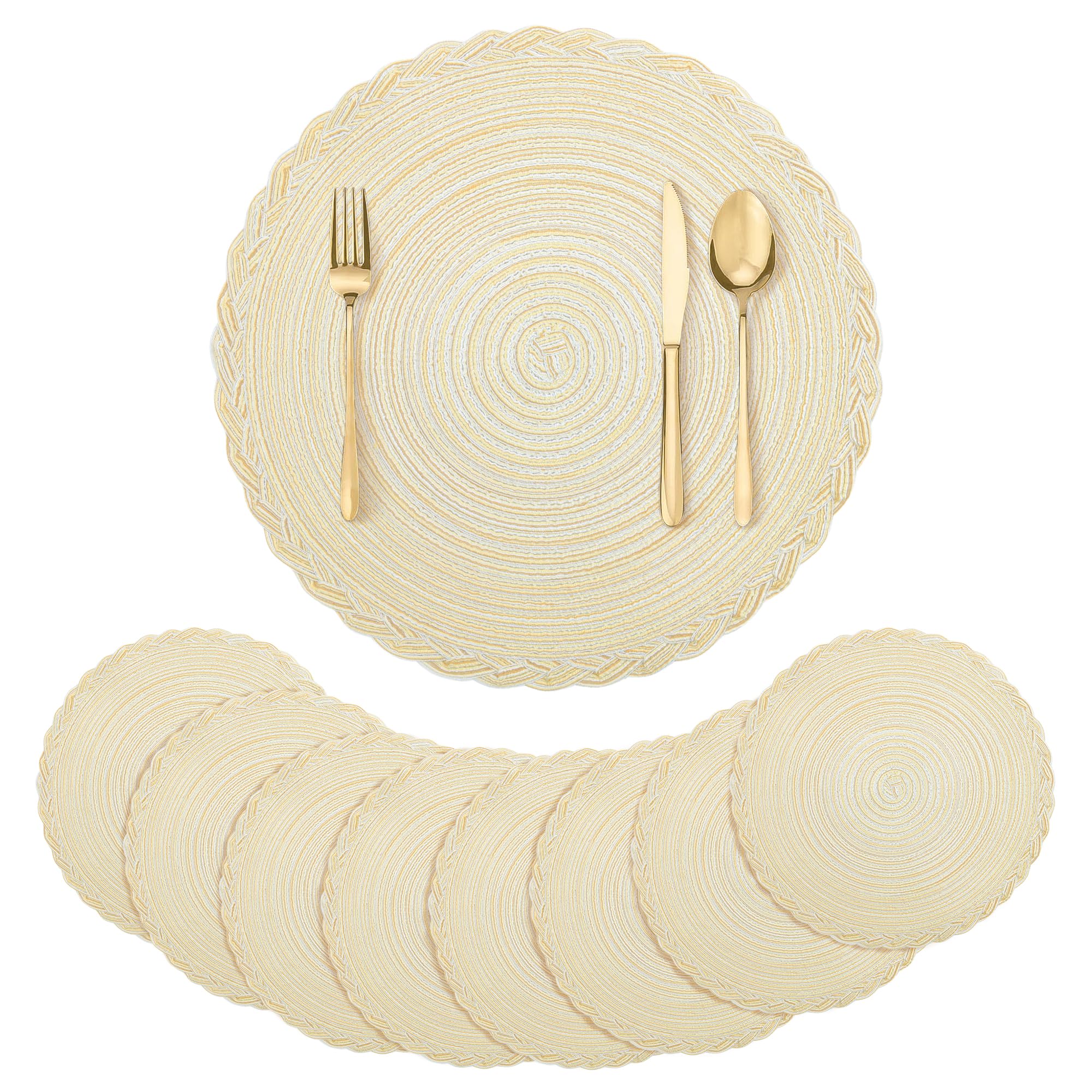 fanquare Manteles Individuales Trenzados Beige de 38 cm Juego de 8 Tapetes Redondos de Algodón con Borde de Encaje, Fiestas y Uso Diario Mantel de Tela