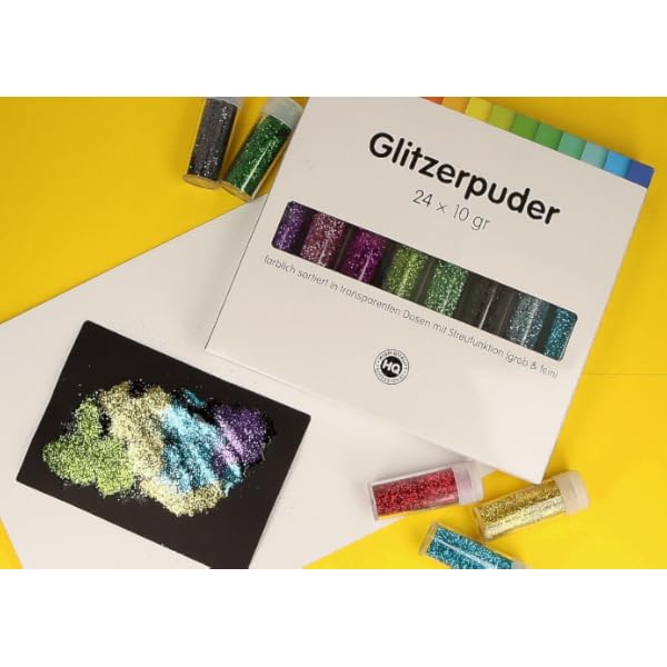 perfect ideaz • 24 x 10g (240g) Glitzerpulver bunt, Glitter-Puder in 24 Farben, Bastel-Staub in Dose mit Streu-Deckel… – Bild 8
