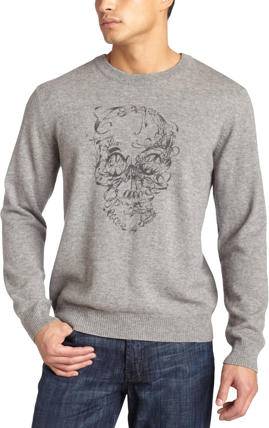 Lucky Brand Mens Long Sleeve Peace Skull Crew Neck Sweater