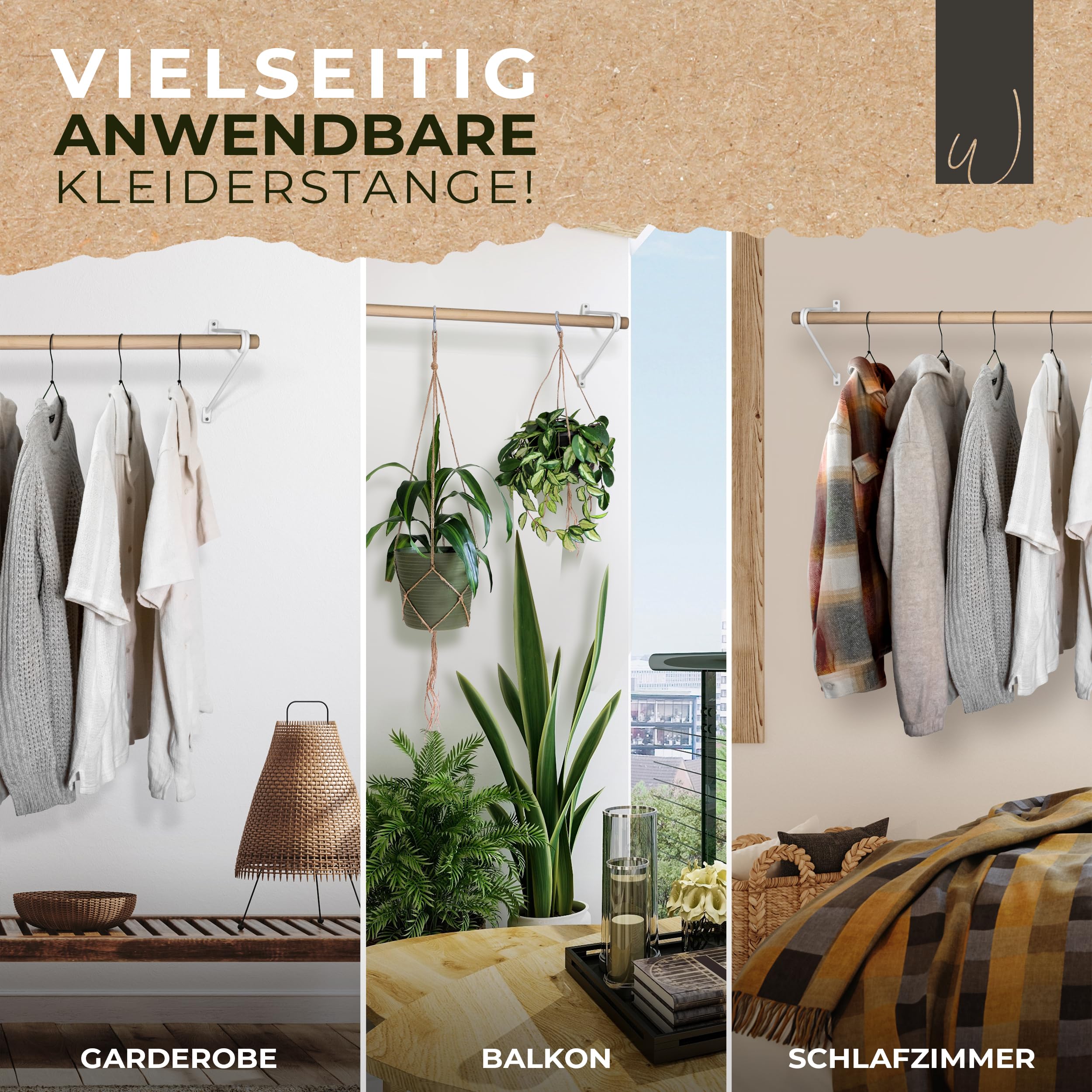 Kleiderstange Wandmontage [Verschiedene Längen & Farben] Länge 110cm Weiß | Wand-Garderobe Holz & Metall | Kleiderständer & Garderobenleiste | Flur Möbel im Industrial Stil | Deutsche Buche