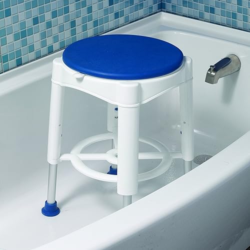 Miniatura 4 de Drive Medical Taburete de baño con asiento giratorio acolchado blanco con asiento azul