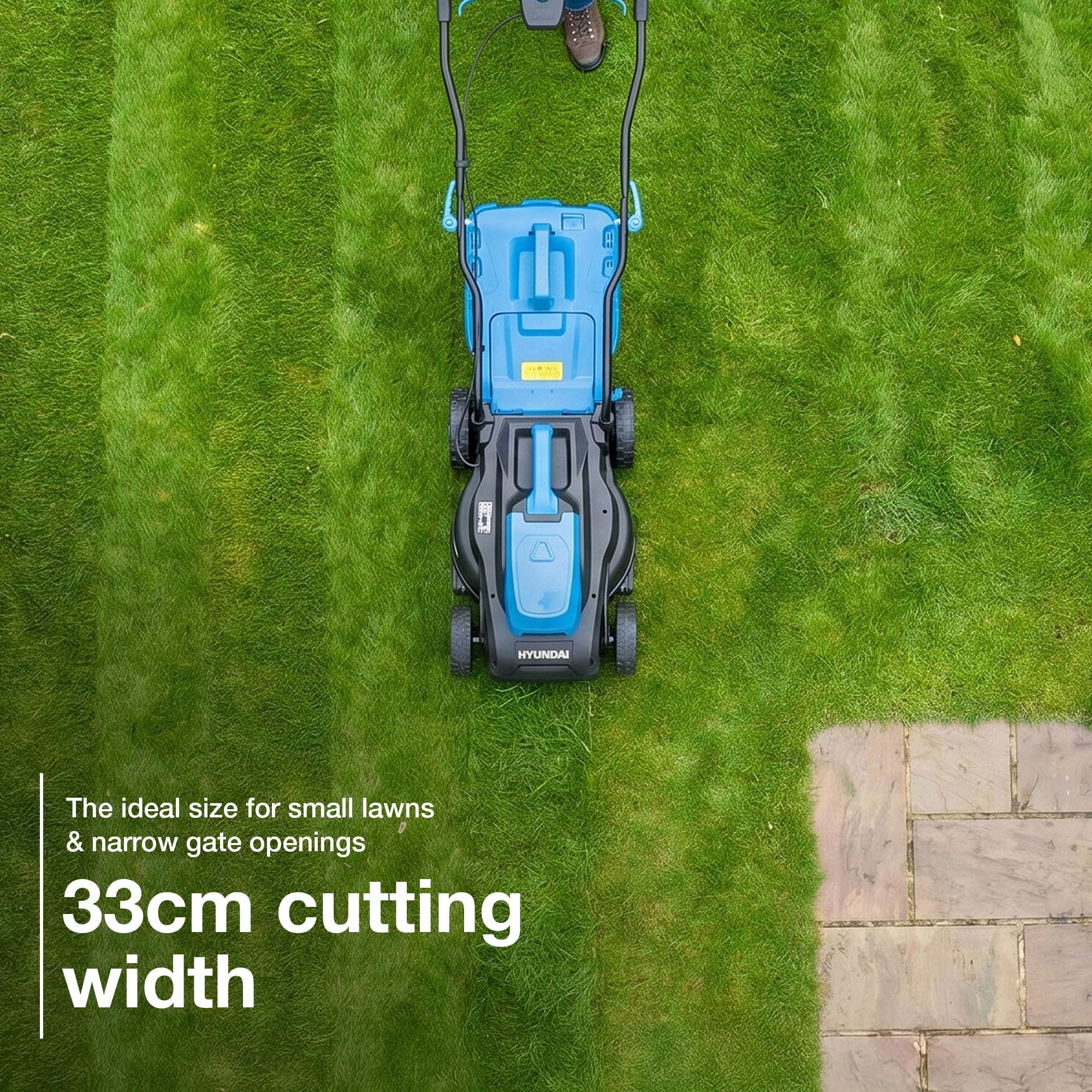 Hyundai Cortacésped inalámbrico sin escobillas de 33 cm, 20 V, batería de 4.0 Ah y Cargador, Bolsa de césped de 32 L, 5 Alturas de Corte de 25 a 65 mm, cortacésped Ligero