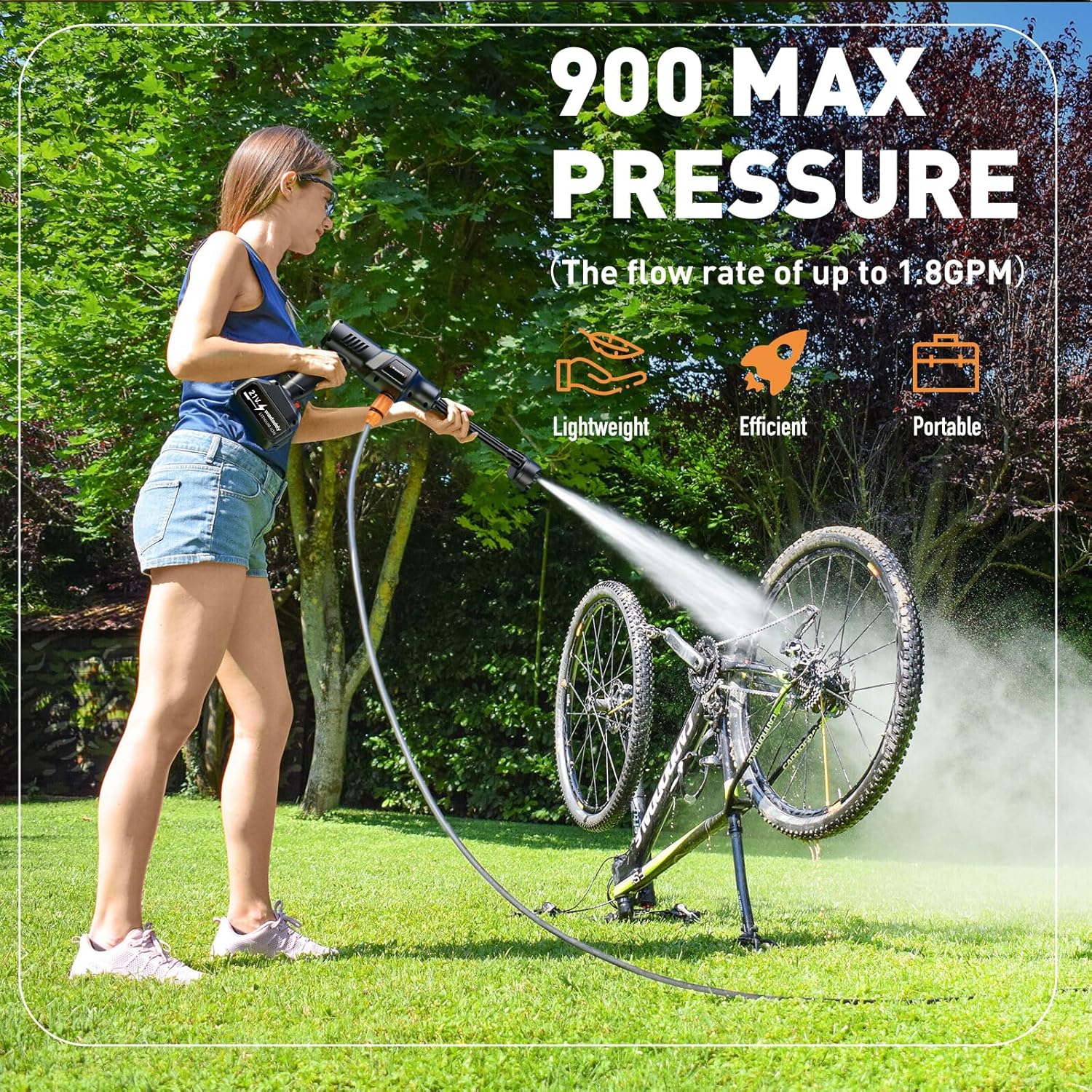 Woman cleaning a bicycle wheel with the power washer