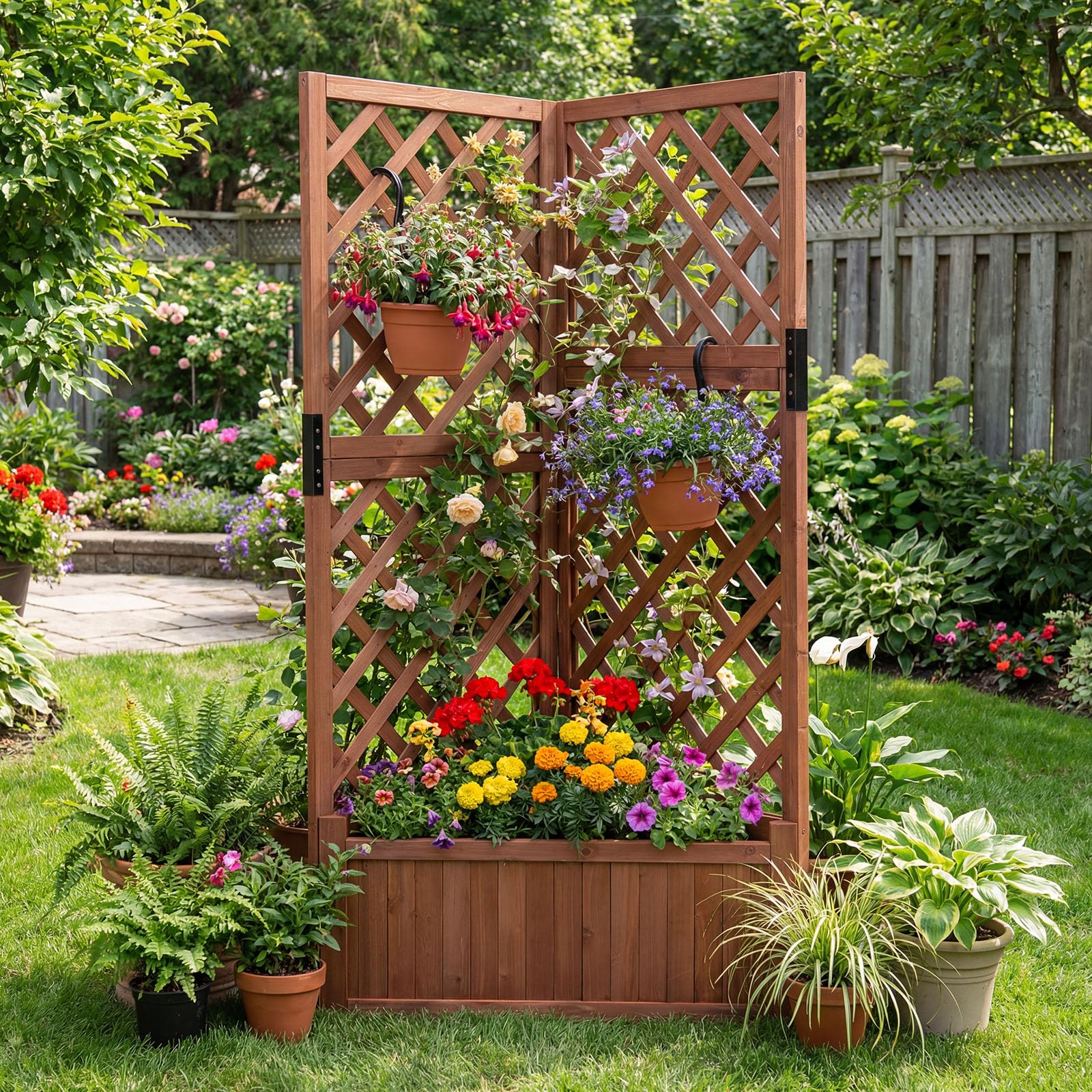 HOMASIS Macetero Elevado con espaldera, 140 cm, de Madera, con Drenaje, para balcón, jardín o terraza (Marrón Rojizo)