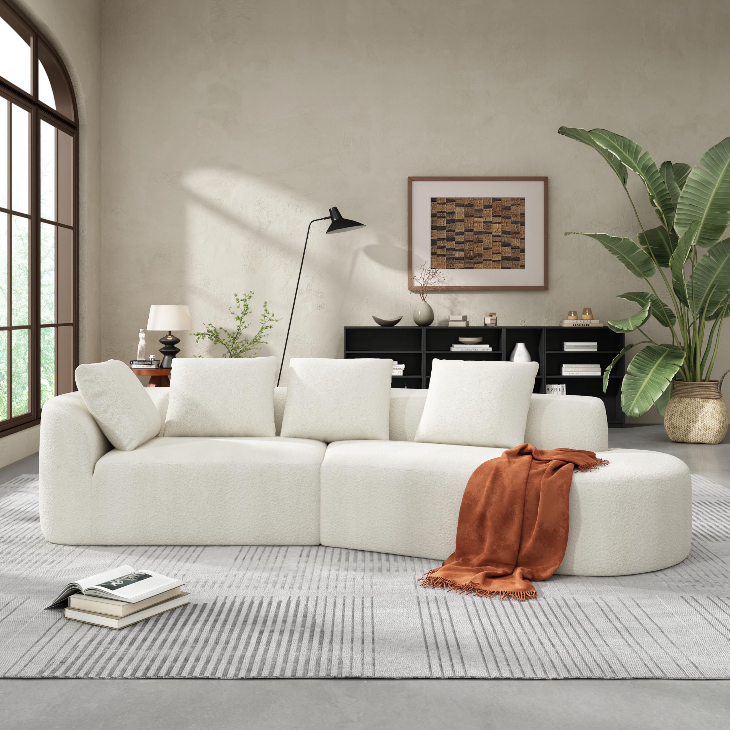 Merax 116 Curved Polyester Sectional Sofa Modern Pearl Upholstery 3 Seat Cloud Couch with Chaise Lounge 4 Pillows