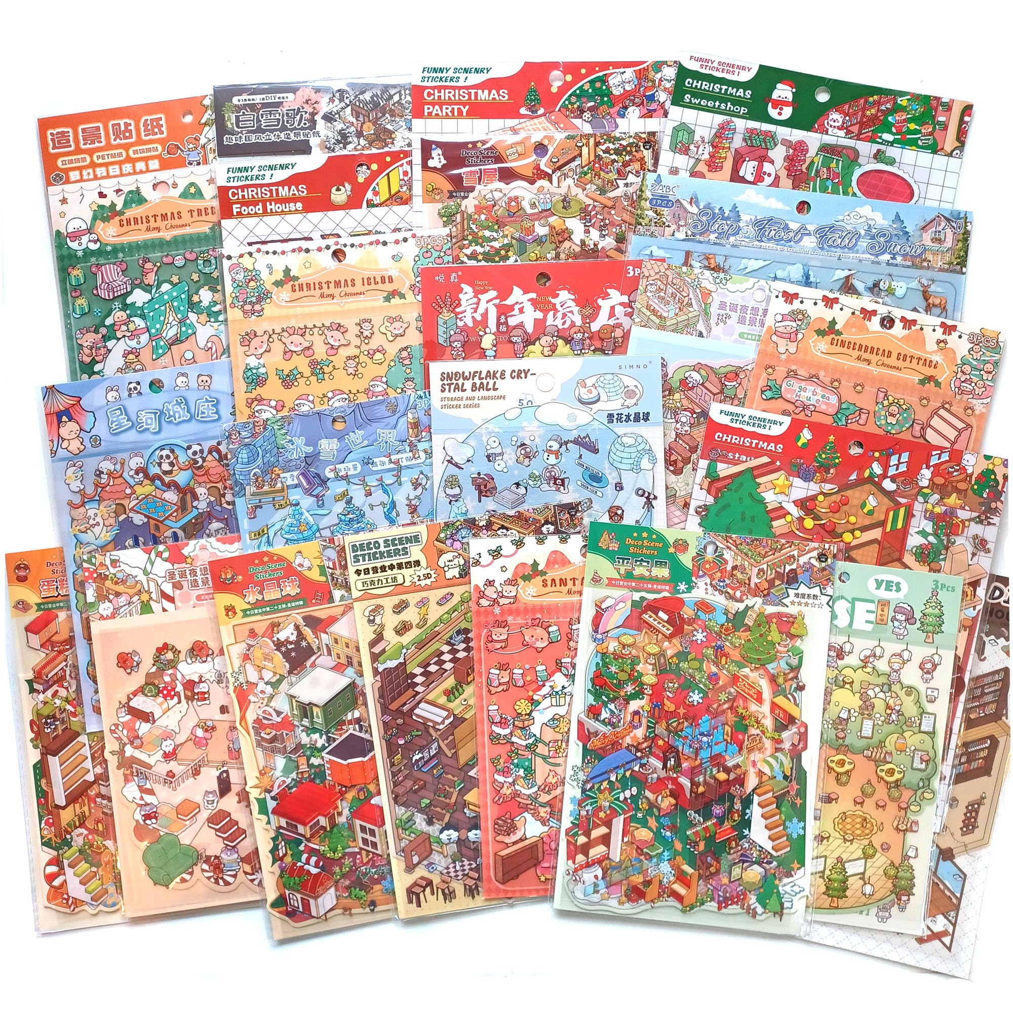 Aufkleber Adventskalender für Weihnachten, 24 isometrische Landschaftsszenen, Deko-Aufkleber-Sets, 15,2 x 20,3 cm Blätter, inklusive Metallpinzette
