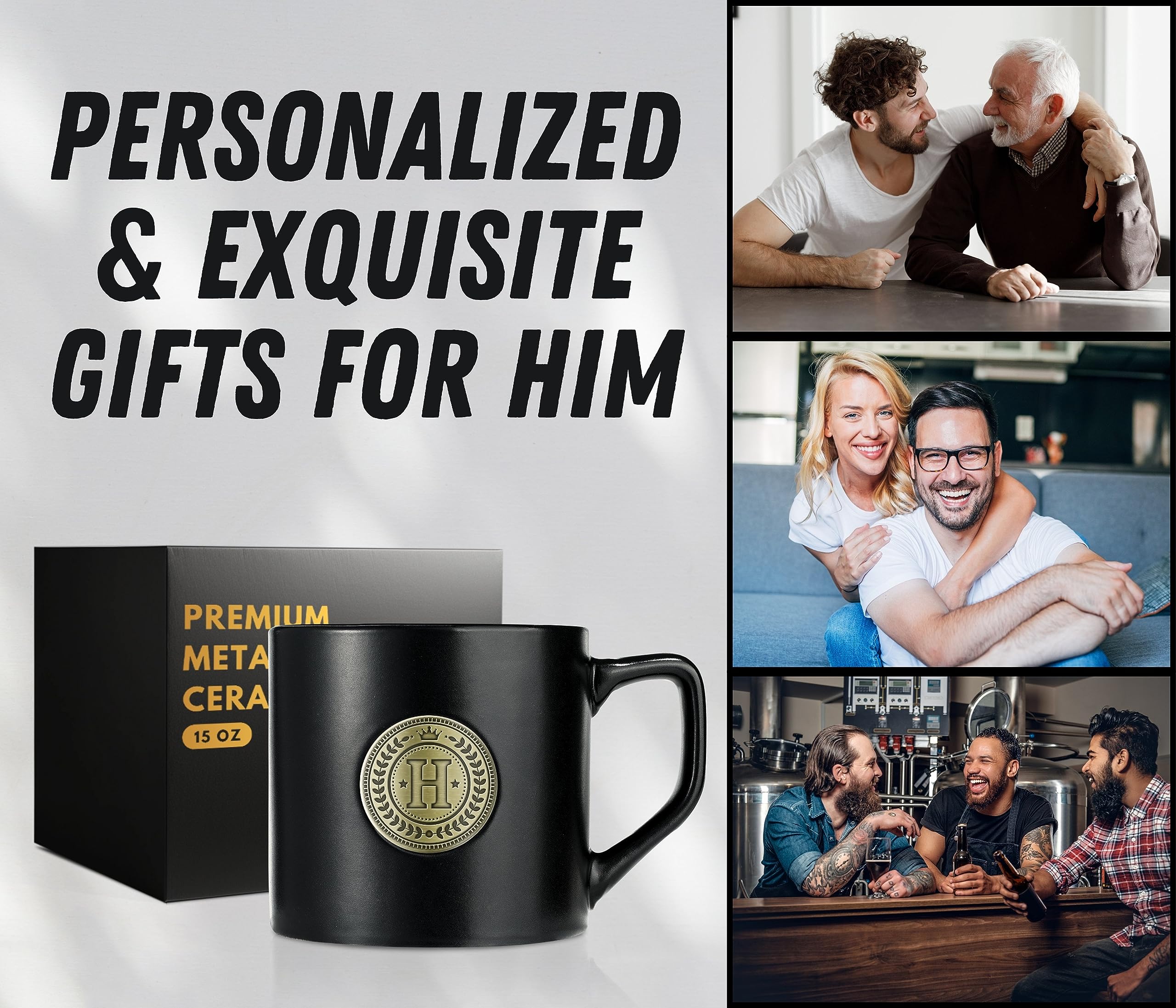 Personalized Men's Gifts - 15 oz Black Ceramic Mug with Monogram Badge - Novelty & Unique Gifts for Men Who Want Nothing - Grandpa, Dad, Brother, Husband, Uncle - Birthday, Christmas - Letter J