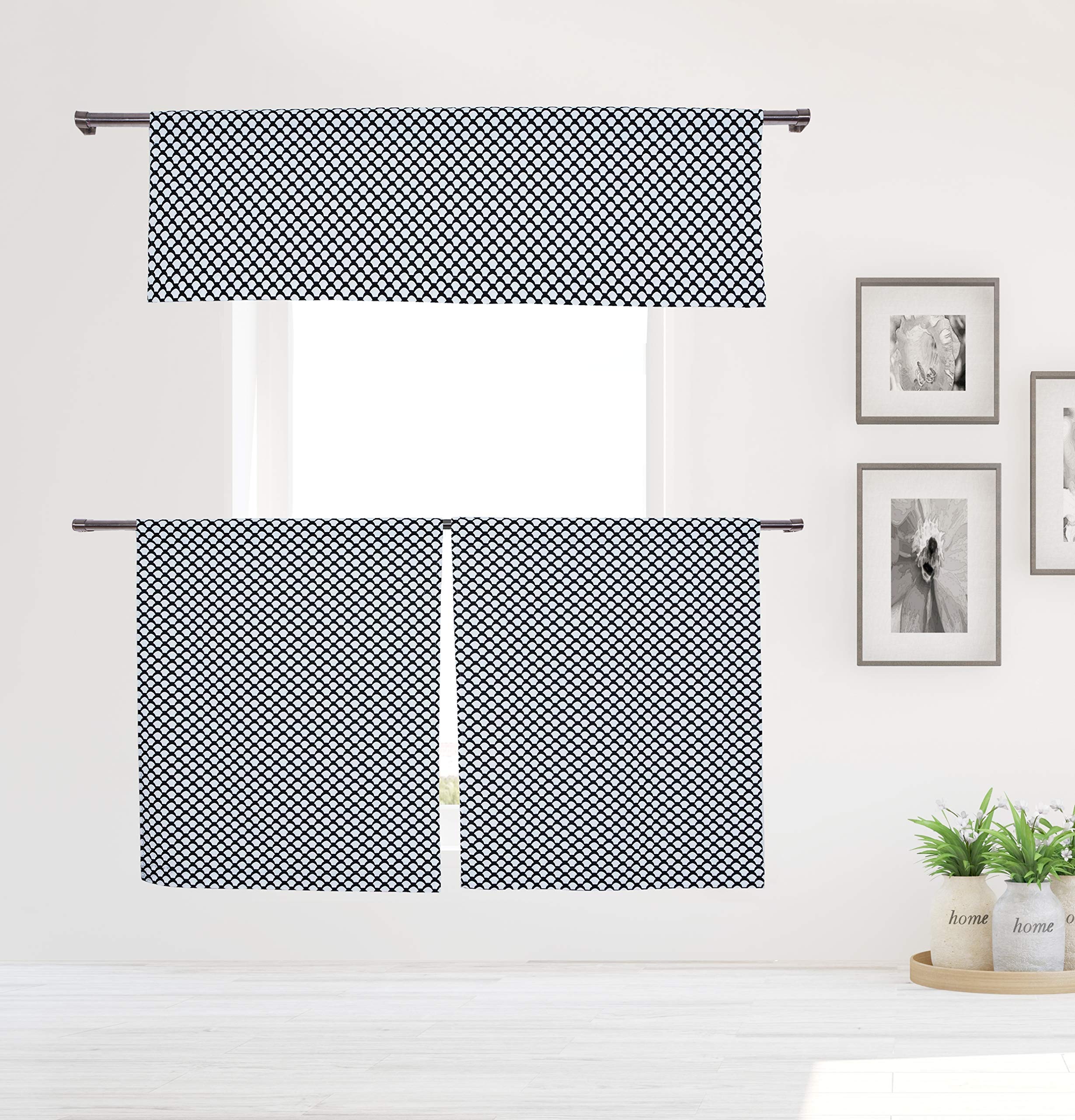 Duck River Textile Vera Neumann - Medici Geometric Linen Textured Kitchen Tier & Valance Set | Small Window Curtain for Cafe, Bath, Laundry, Bedroom - (Black)