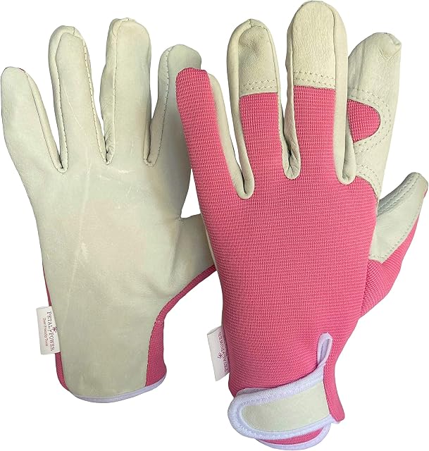 Petal Power Ladies Leather Gardening Gloves One Pair - Work Gloves for Women for Garden and Household Tasks (Medium, Pink)