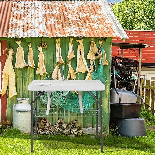 Miniatura 2 de VINGLI Mesa plegable de limpieza de peces con 2 fregaderos, mesa de campamento portátil para exteriores con rejilla y rociador, mesa de corte con