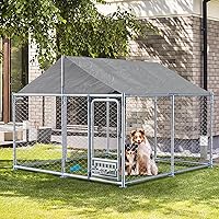Vista 1 de Grepatio Perrera para perros al aire libre de 7.5 x 7.5 pies con techo, recinto exterior para perros con 2 comederos giratorios, cerca para perros
