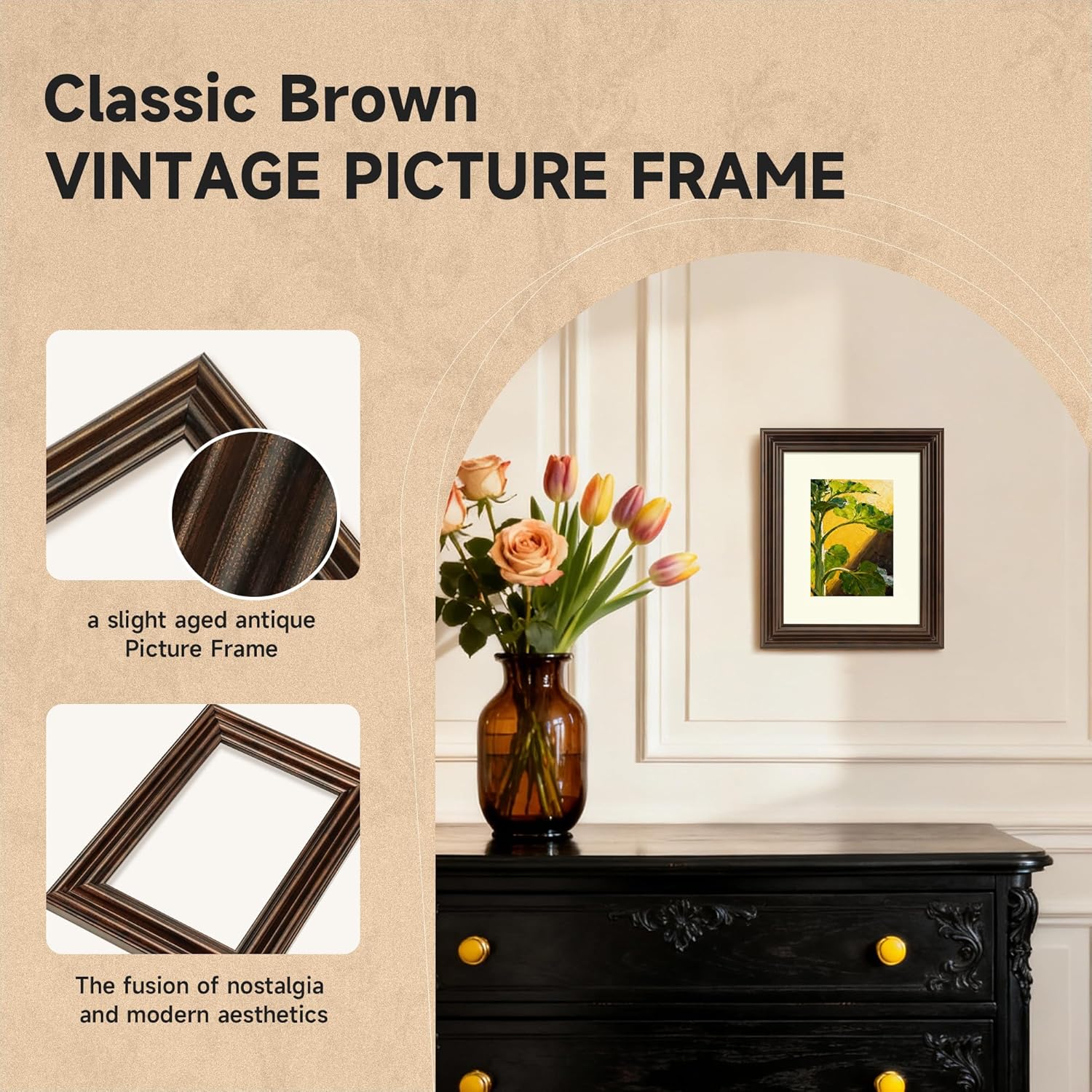 Splinterix 8x10 Picture Frame, Ornate Vintage 8 x 10 Photo Frame for Wall or Tabletop Display, 8x10 Poster Frames with Real Glass, Display 5x7 Pictures with Mat or 8x 10 without Mat for Antique Déco, Brown, 1 Pack