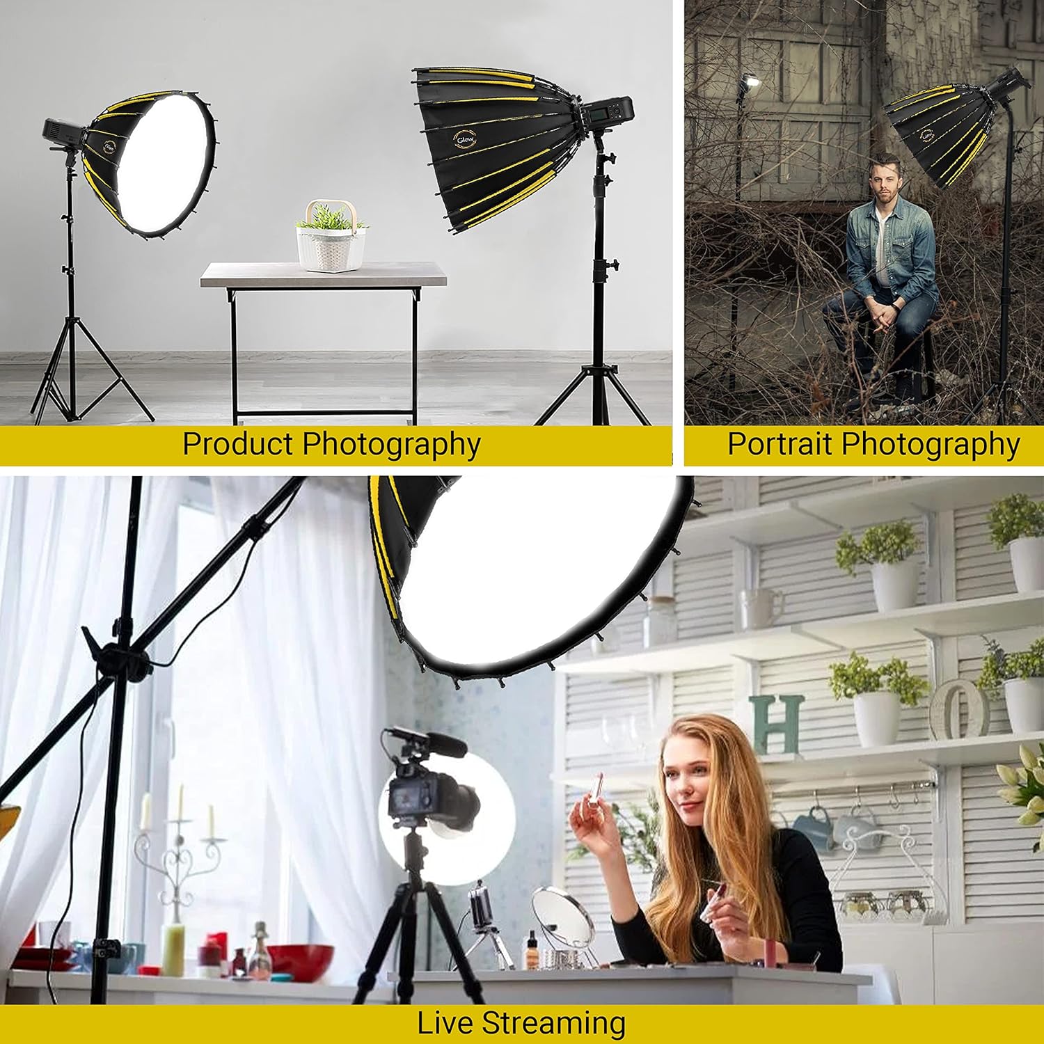 Glow Profond Quick-Open 27.5" Deep Parabolic Softbox (70cm), Octadecagon Fiberglass Rod Round Soft Box with Interchangeable Bowens Mount is Suitable for Outdoor and Indoor Shooting