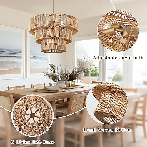 Miniatura 3 de Lámpara de araña bohemia de ratán tejida a mano de 25 pulgadas, 6 luces colgantes para isla de cocina, 3 lámparas redondas grandes tejidas para