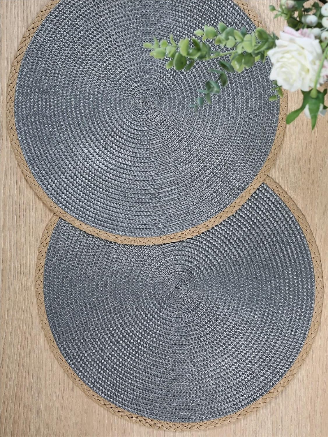 Round Braided Placemats Set of 6 Washable PP/Jute Heat 38cm Table Place Mat for Kitchen Xmas Dining Table Party Decor(Dark Grey,12pcs 38cm)