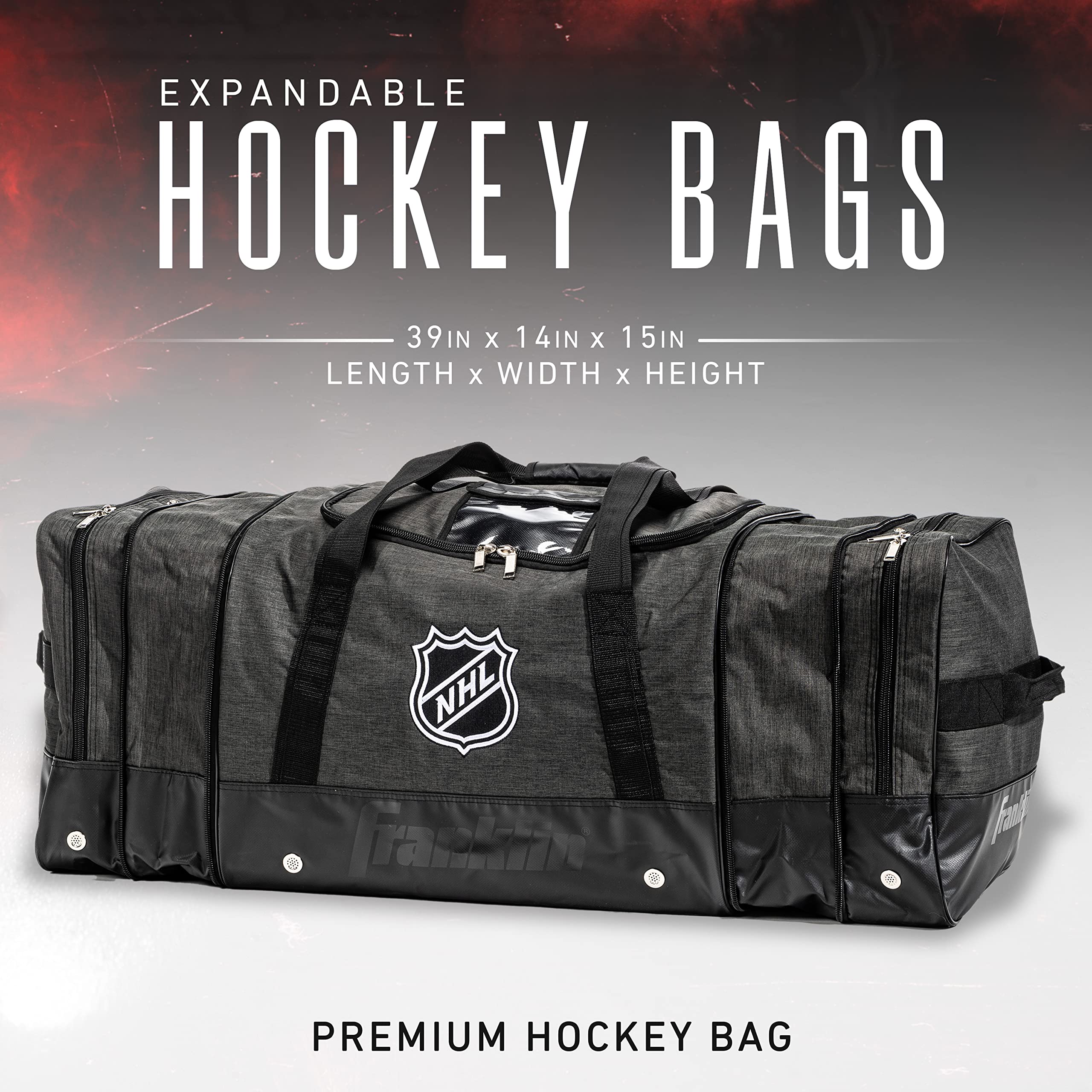 Franklin Sports NHL - Borsa da trasporto per hockey su ghiaccio, di alta qualità, per attrezzatura da hockey, grande, espandibile, resistente, con licenza NHL, Grigio/Verde Foresta, affidabile