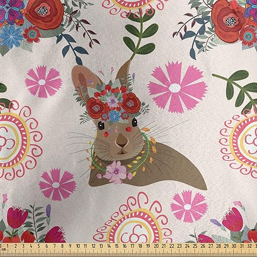 Miniatura 2 de Ambesonne Floral Fabric by The Yard, Composition of Spring Flower Bouquets Round Doodle Ornament and Bunny with Headdress, Decorative Satin Fabric