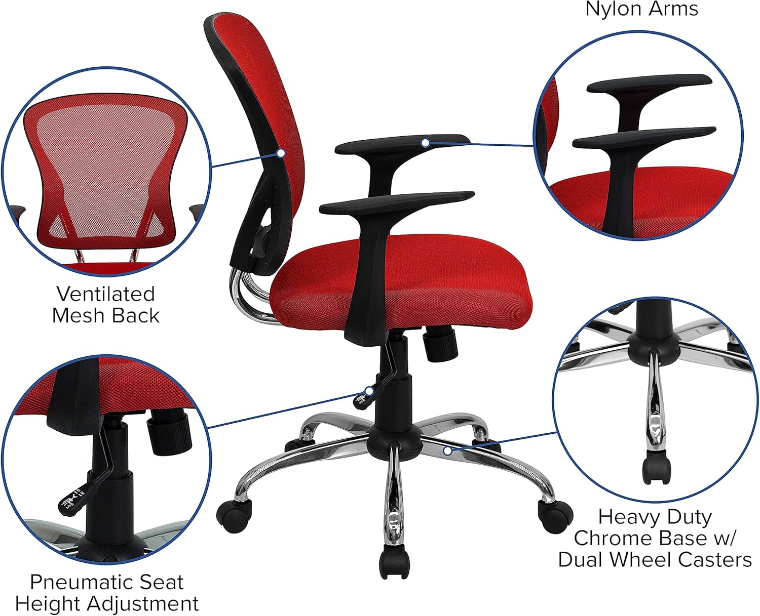 Flash Furniture Alfred Mid-Back Red Mesh Swivel Task Office Chair with Chrome Base and Arms