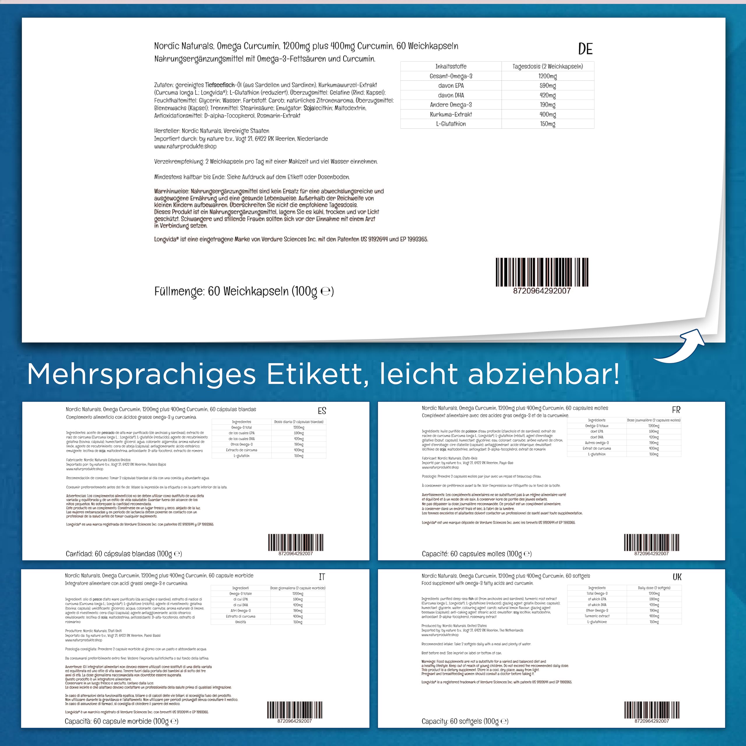 Nordic Naturals, Omega Curcumin, 60 sojafreie Softgels, 1200mg Omega-3 & 400mg Kurkuma-Extrakt je Dosis, GMO frei, Geschmacksneutral