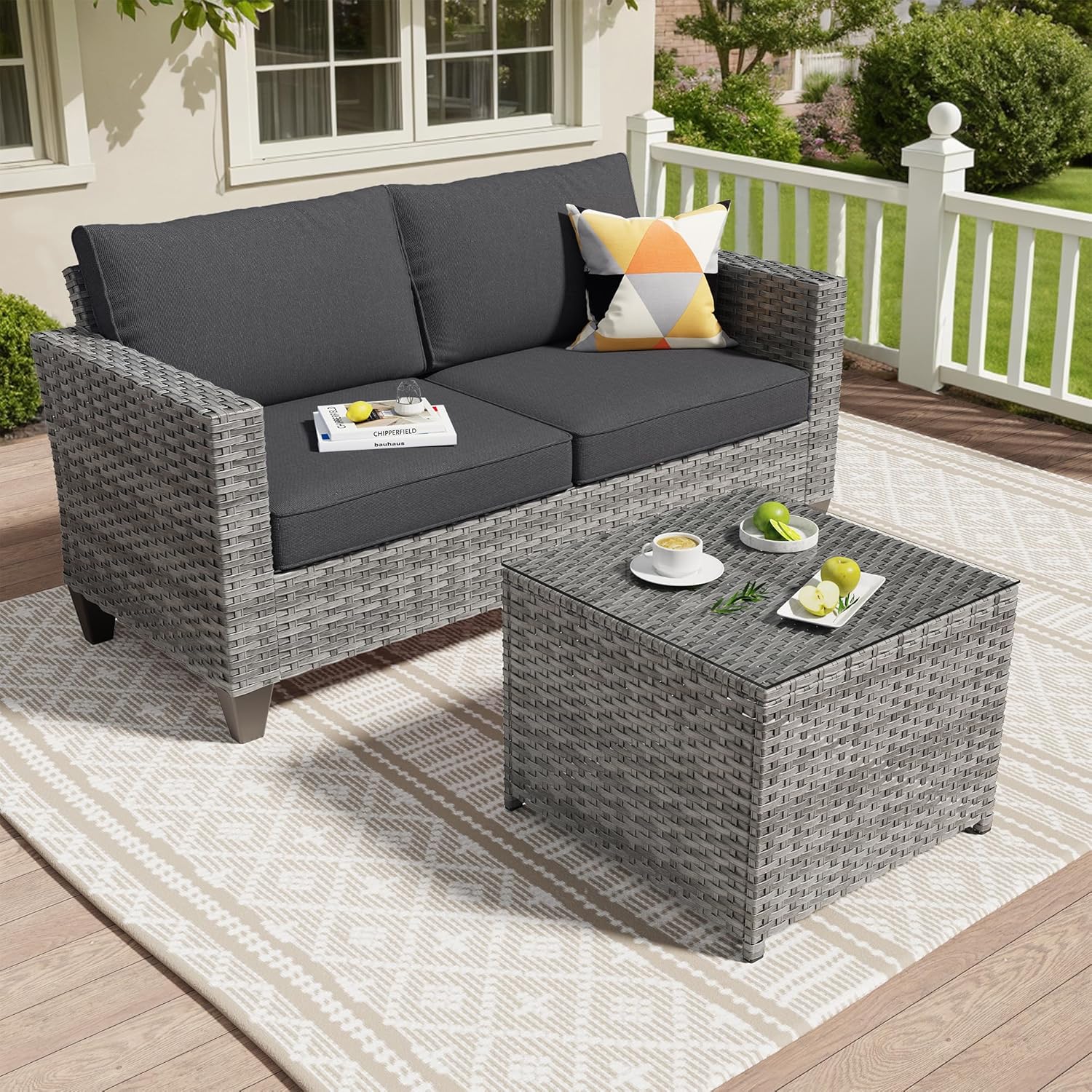 ovios Patio Loveseat, 2-Seater Outdoor Wicker Sofa Couch with Comfy Cushions, All Weather High Back Deep Seating Rattan Love Seat for Porch Deck Balcony, Orange Red