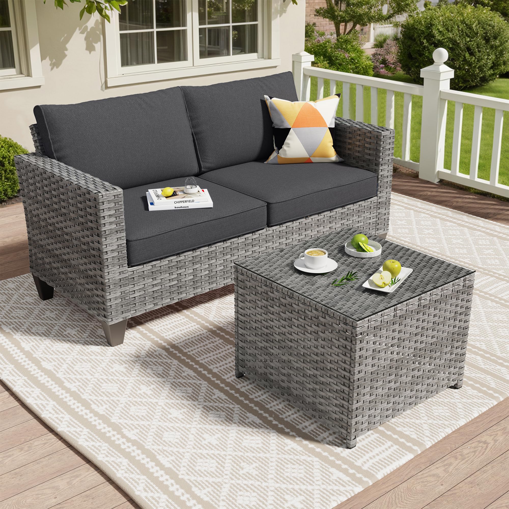 ovios Patio Loveseat, 2-Seater Outdoor Wicker Sofa Couch with Glass Coffee Table, All Weather High Back Deep Seating Rattan Love Seat for Porch Deck Balcony, Black