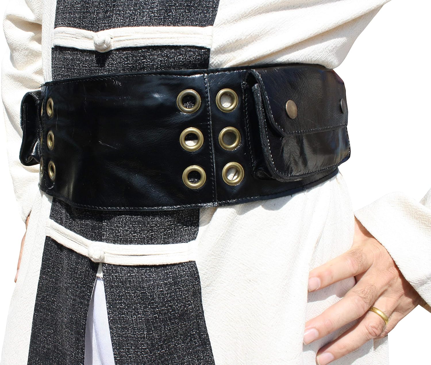 Genuine Leather Thick Biker Belt Band with Side Pockets Large Eyelets