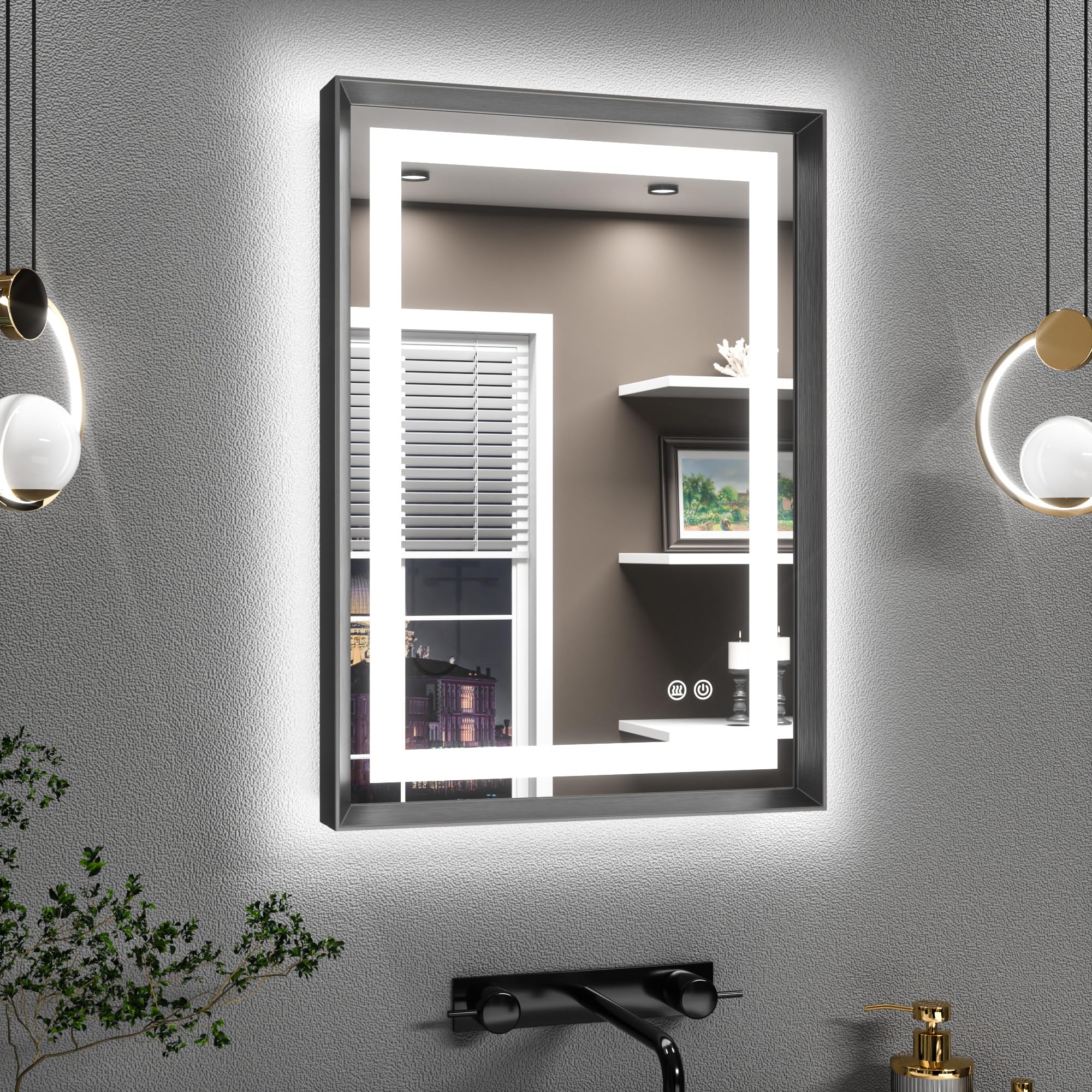 TETOTE Black Bathroom Mirror with Led Lights 50x70cm, Antifog Wall Vanity Mirror Black Frame Back and Front Lit 3 Colour Dimmable Illuminated Rectangle Digital Smart Mirrors