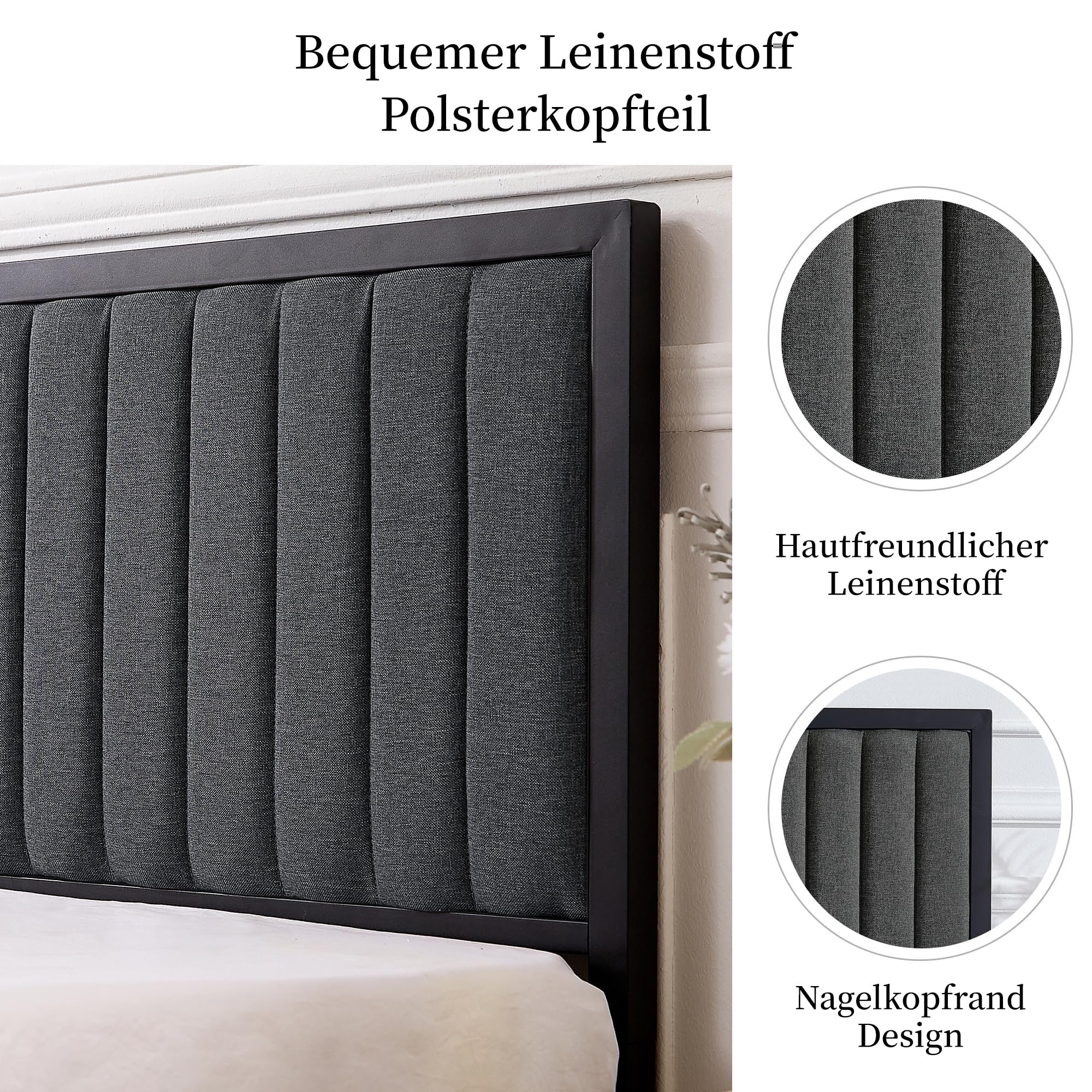 VECELO Bettgestell 140 x 200 cm, Metallbett Doppelbett mit Gepolstertem Kopf- und Fußteil, Bettrahmen mit Lattenrost, 32cm Höhe unter dem Bett, Kein Boxspring Erforderlich, Grau