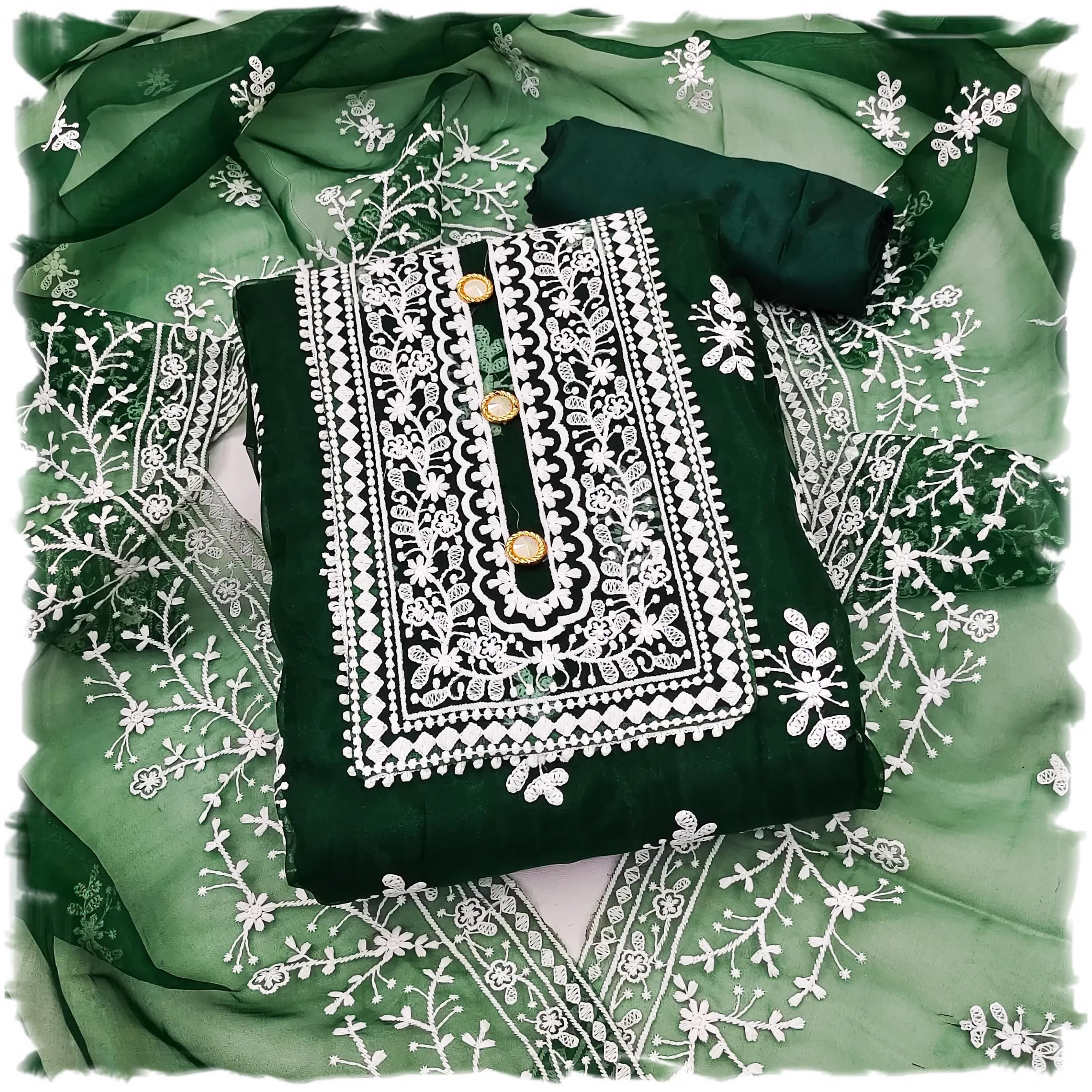 SidhidataCotton Women's Organza Embroidered Unstitched Salwar Suit Dress Material With Embroidery Work Dupatta (Dm Humtum_Free Size)