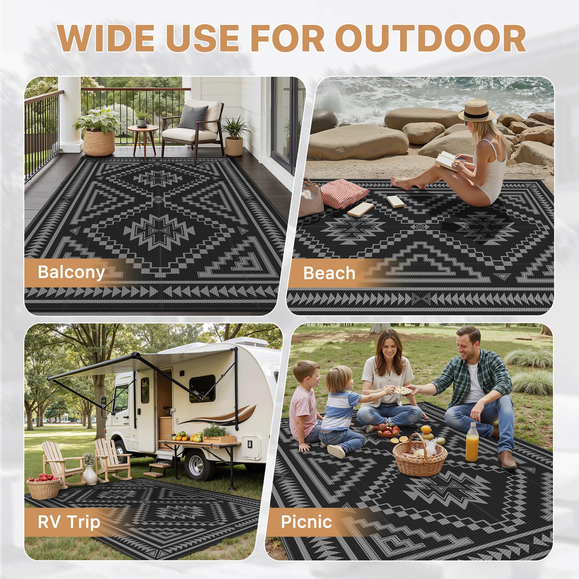 GENIMO Tappeto Outdoor Impermeabile 6x9 ft Reversibile Motivo Losanga Grigio Nero