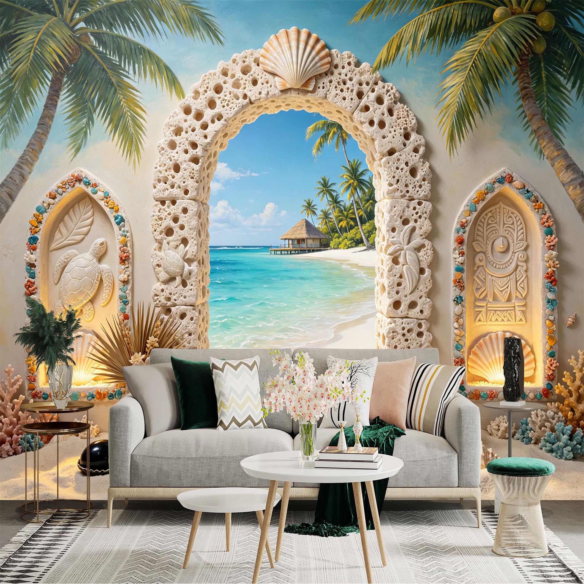 Custom Size Wall Sticker Mural， Tropical Beach Archway， Palm Trees， Sea View and Seashell Decor， for wall Decoration， peelandstick wall Decals.