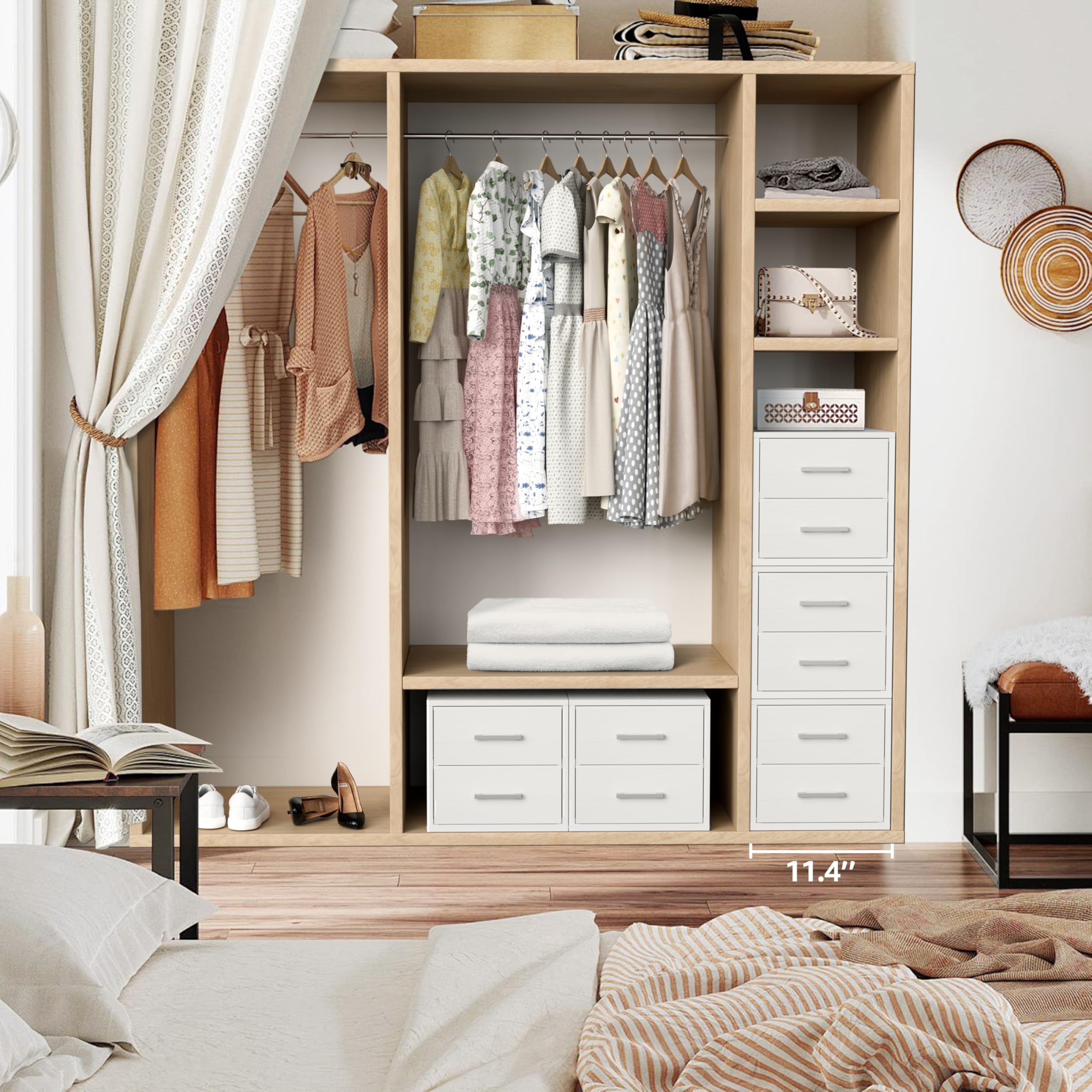 BOLUO Stapelbare Schubladen, schmaler Schrank-Organizer und Aufbewahrung, Stoff, weiß, 2 Schubladen, Kommode für Schlafzimmer, modern